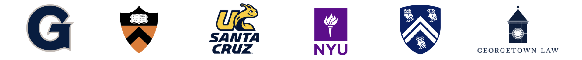 Collection of seven university and organization logos, including Georgetown, Princeton, Santa Cruz, NYU, University of Pennsylvania, and Georgetown Law.