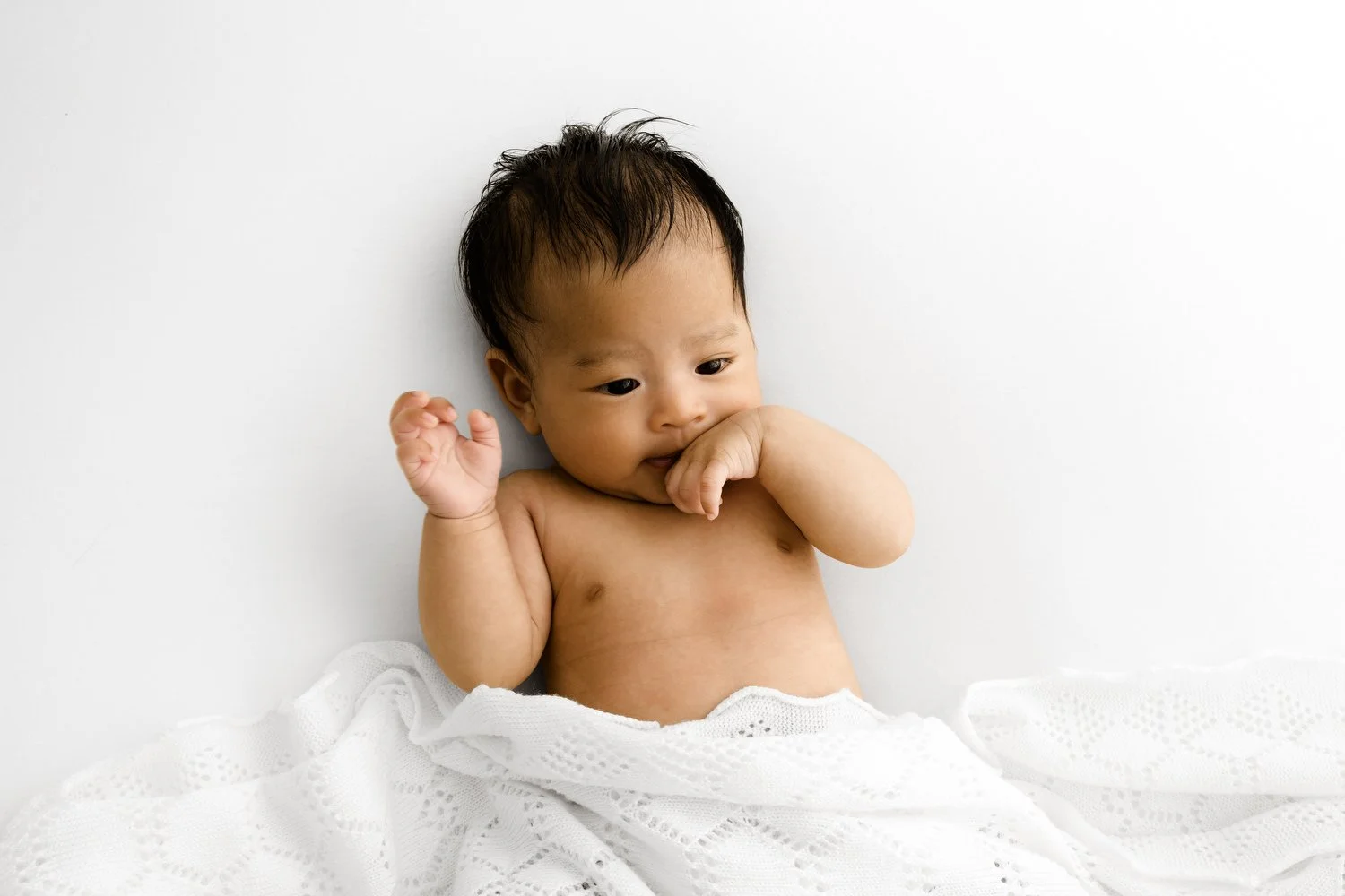 Alert older baby gazing at the camera during a natural studio photo session