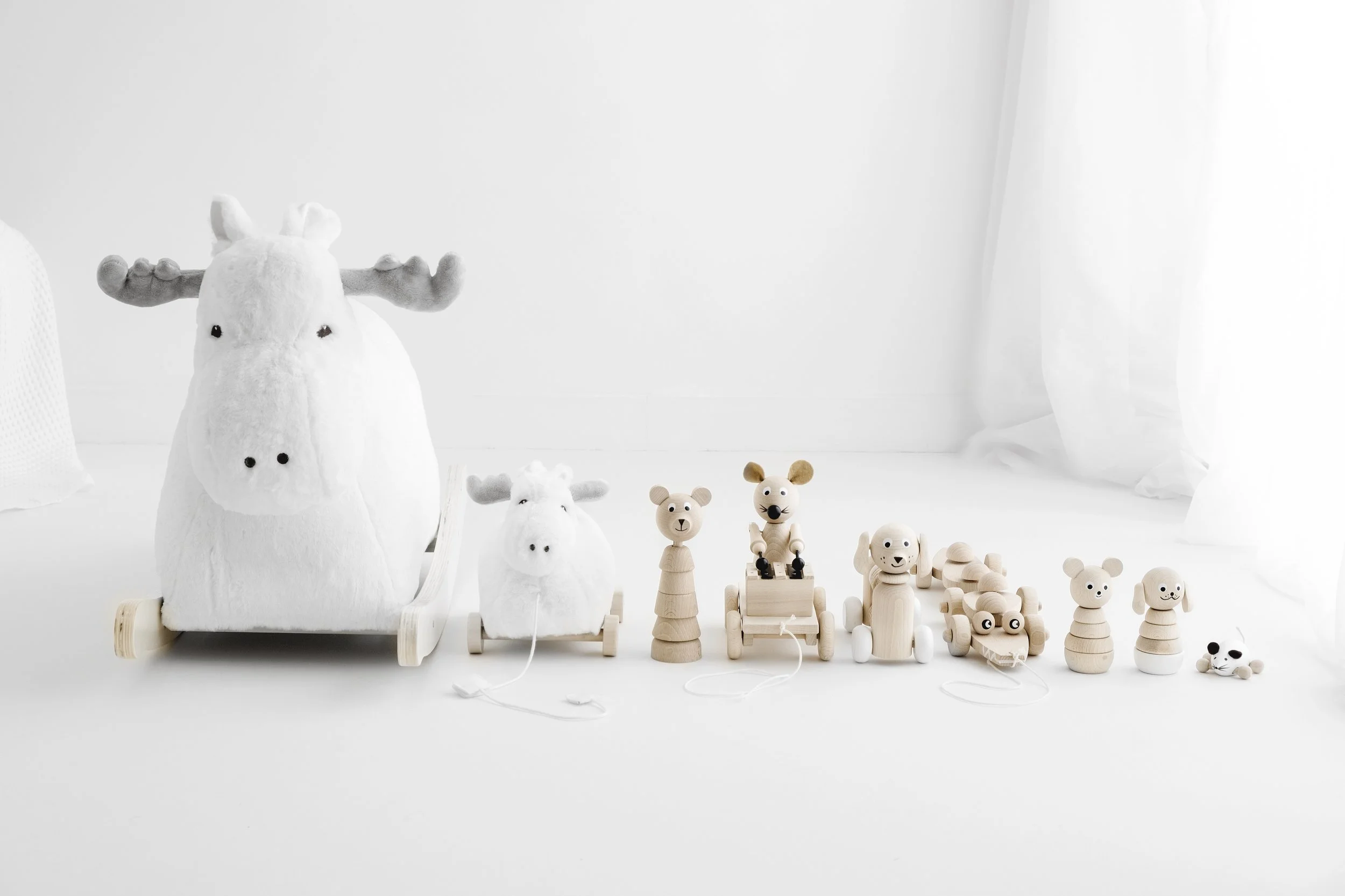 Rocking moose mascot and wooden toys at Mabel & Møøse studio in Dundee