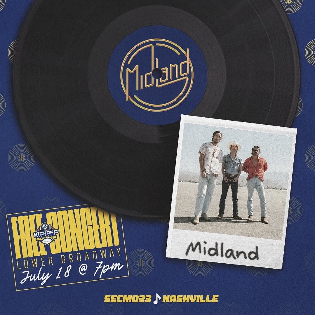 Nashville, join @midland downtown today at 7PM for a FREE concert on lower Broadway as the @sec Kickoff headliner 🐊🐊🐊