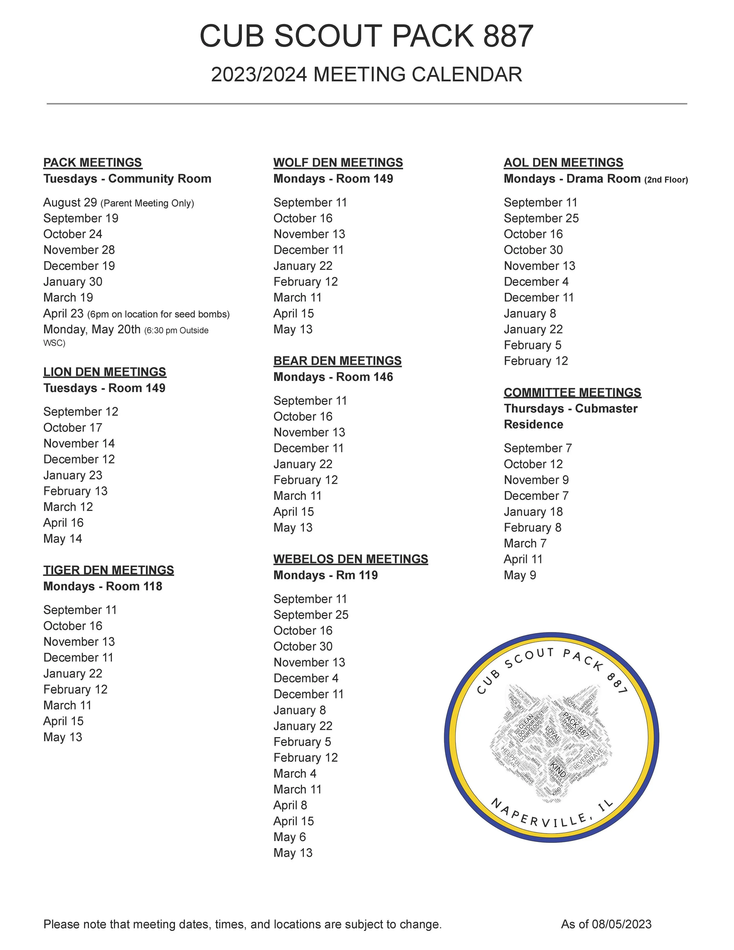 Pack Meeting Schedule 2024