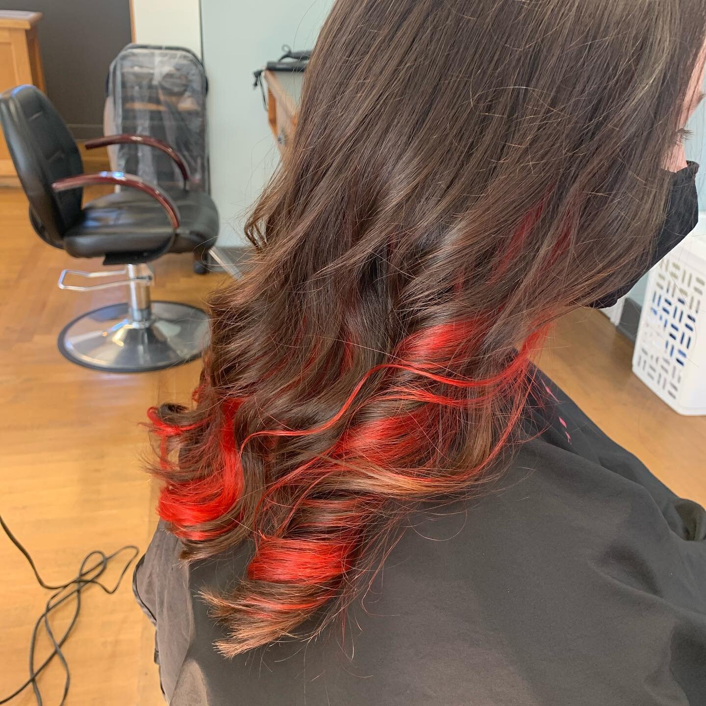 A little red action underneath. Was so happy to play with some fun colour today. #red #colourpop #haircolor #redhair #curls