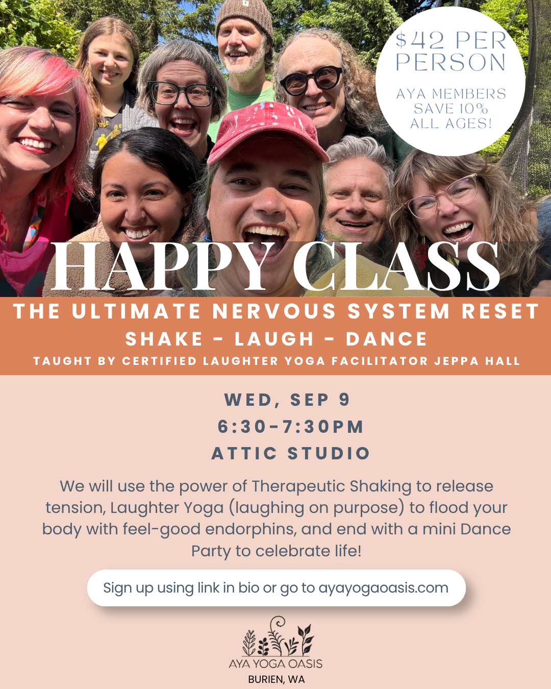 Smiling yoga students for Happy Yoga