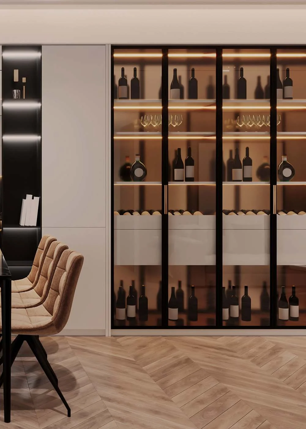 Modern wine storage solution with glass doors and modern finishes.