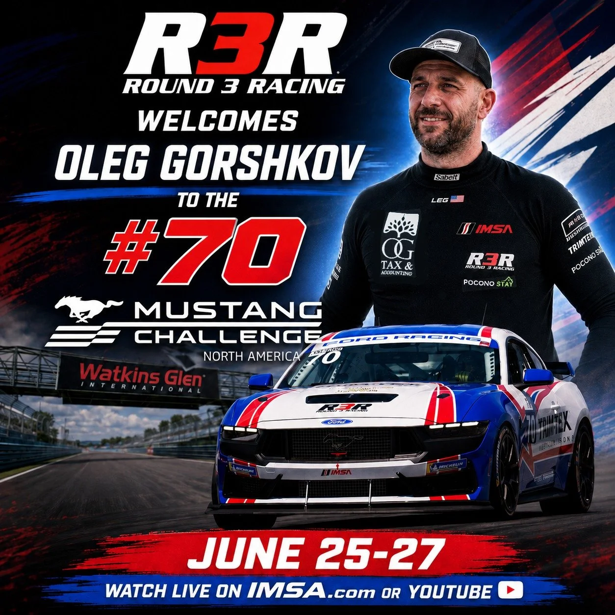 @ognycview is one of R3R's longest running drivers. He's been a vital member of our team since 2019! On June 25th, Oleg jumps in the #70 Mustang Dark Horse R to take on the Legends class in @mustangchallengena. We're excited to see him battle for the
