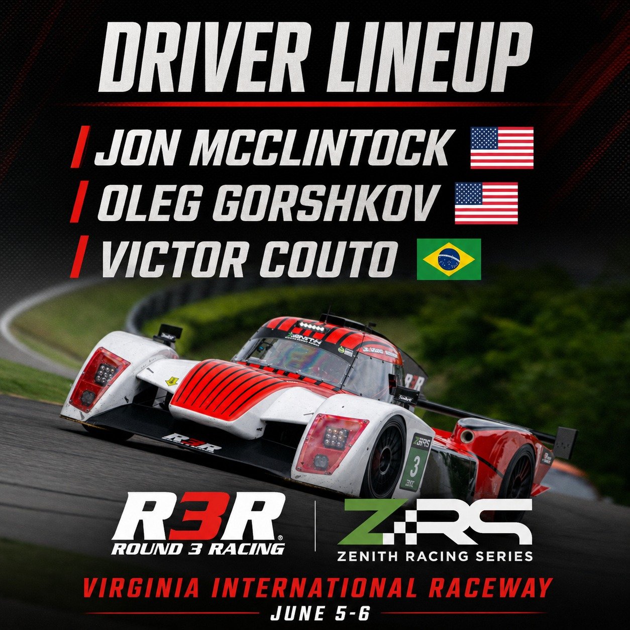DRIVER LINEUP ANNOUNCEMENT

This week at @virnow with @zenith_racingseries 

#EnduranceRacing #R3R #Round3Racing #zenithracingseries