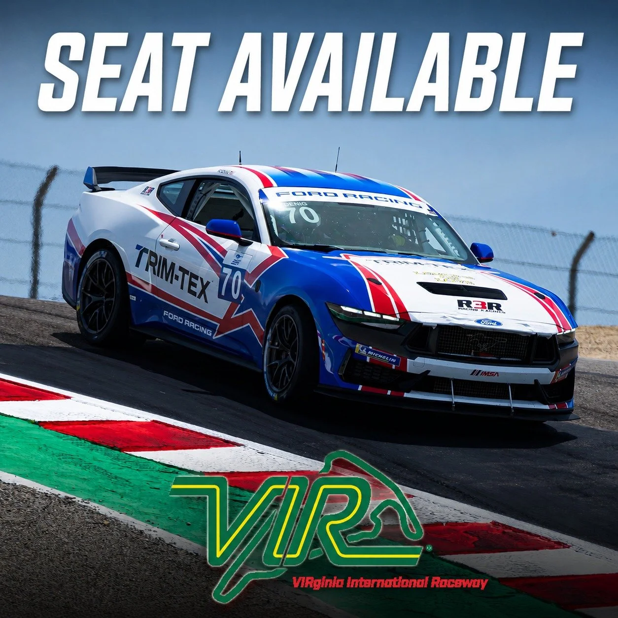 Open Seat Announcement!
We have an opening in our #70 @fordracing Mustang Dark Horse R. Come join us for @imsa_racing @mustangchallengena at the track that Paul Newman called "Heaven on Earth". Virginia International Raceway - VIR, August 2
