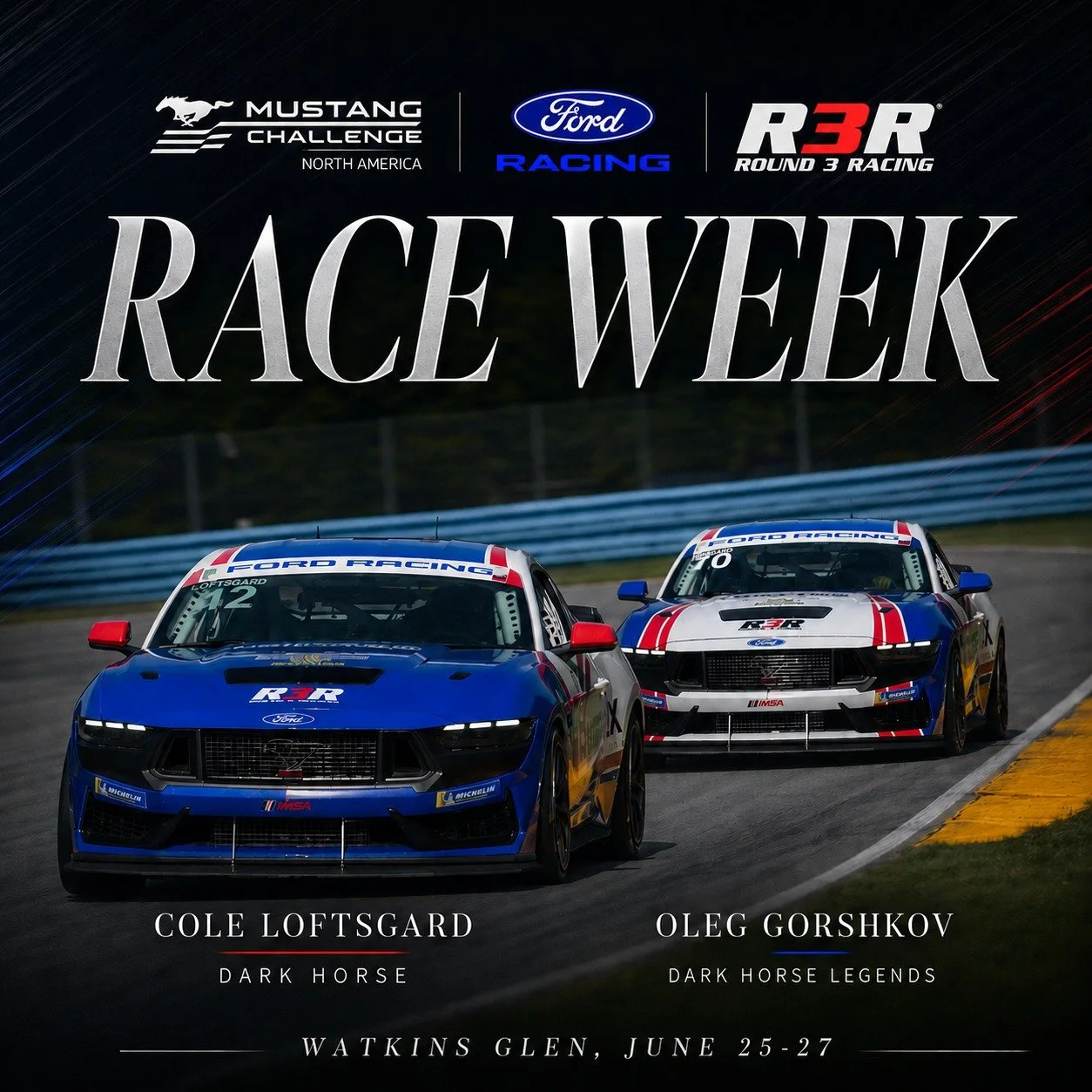 It's RACE WEEK for our @fordracing @mustangchallengena program. @coleloftsgard and @ognycview are ready to battle for the top step on the podium at @wgi1948 

The races will be broadcast live on Peacock TV, IMSA, and YouTube.

#Round3Racing #R3R #mus