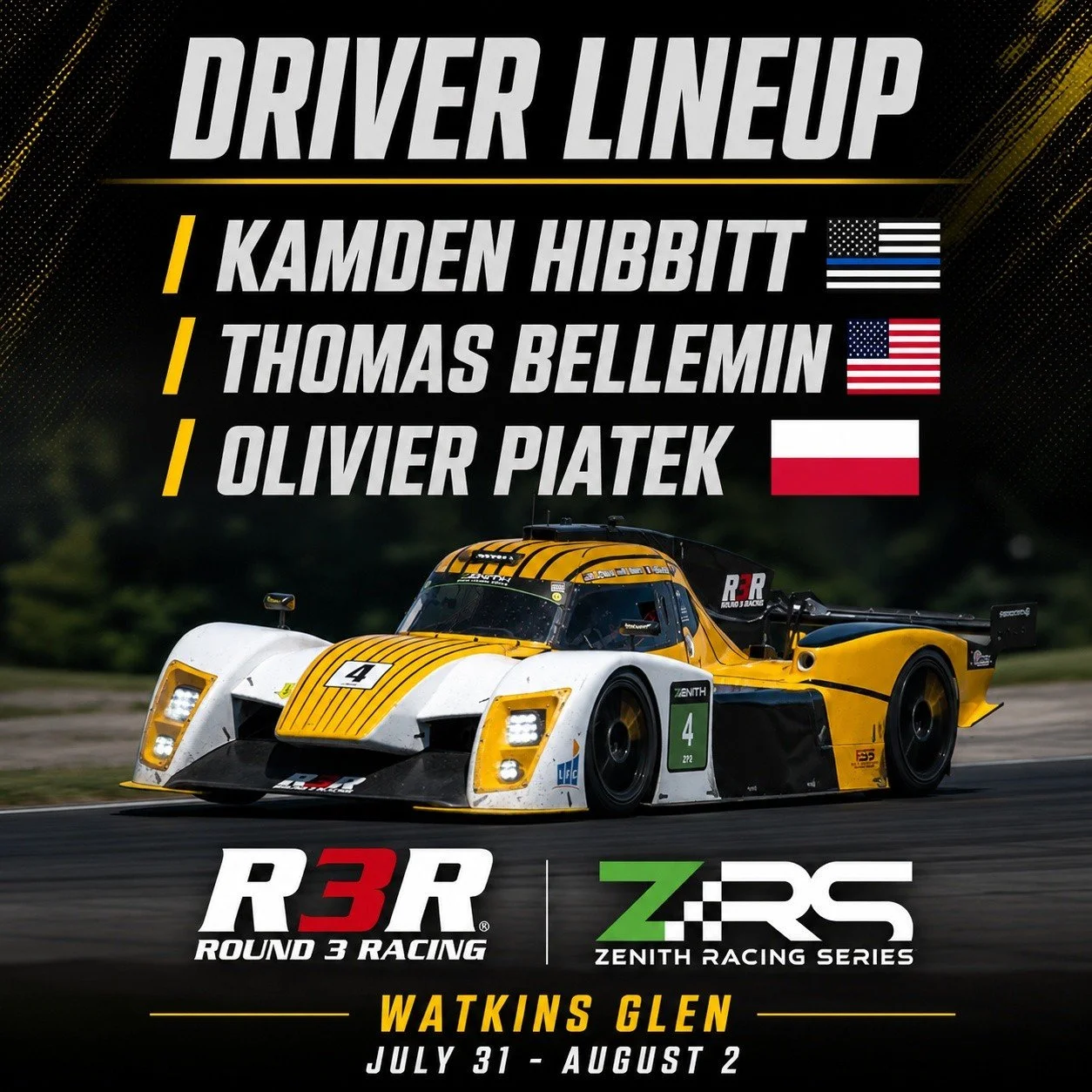 Driver Lineup for this week at Watkins Glen with @zenith_racingseries 

#ZenithRacingSeries 
#ZenithWatkinsGlen
#TeamRound3Racing