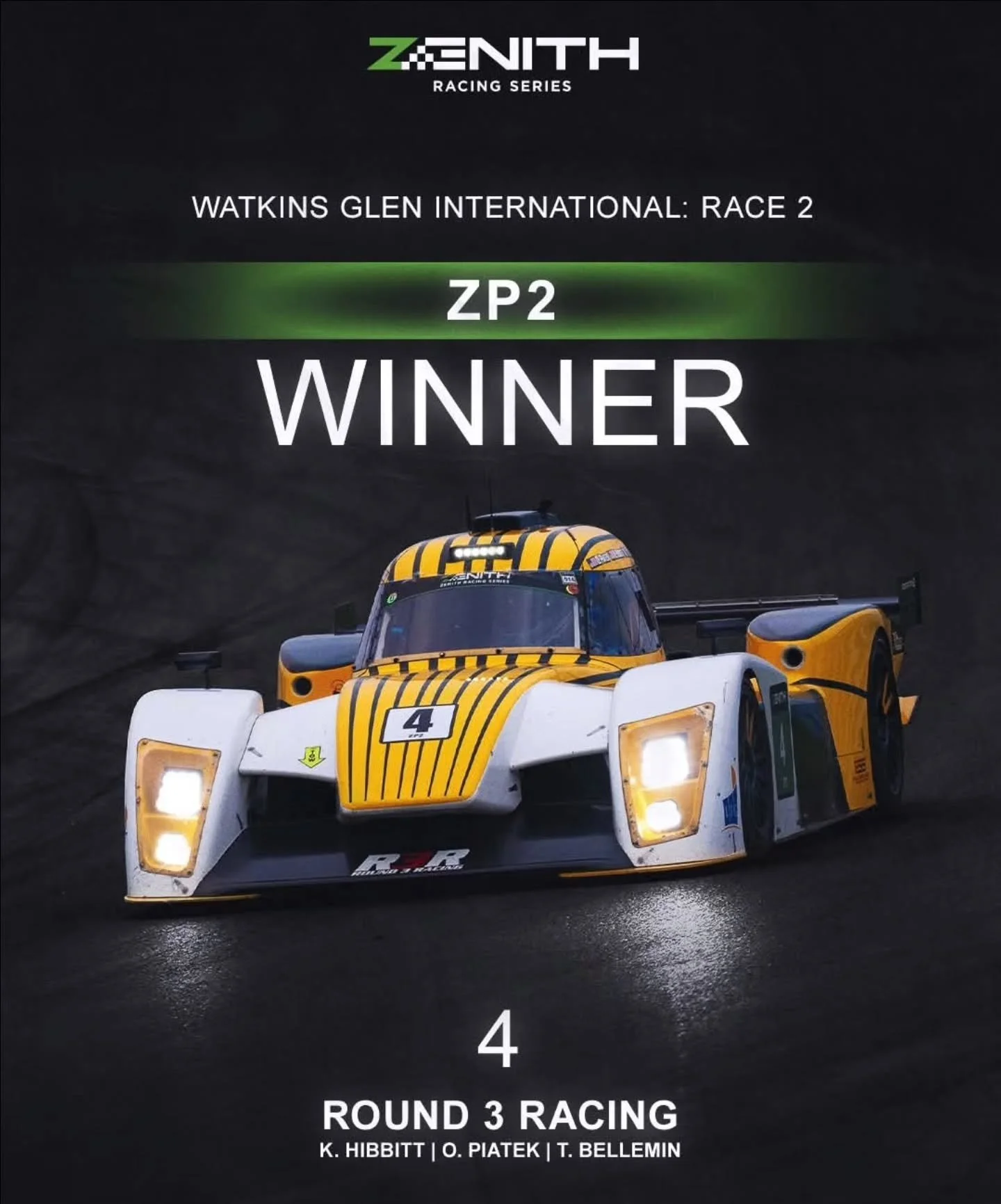 P1 for R3R and the Yellow 4 team at @wgi1948 for another amazing @zenith_racingseries event! Congrats to @teamhibbitt @thomaslbellemin @olivier.piatek on a spectacular race. They were super clean in difficult conditions. Well-deserved! 

#ZenithRacin