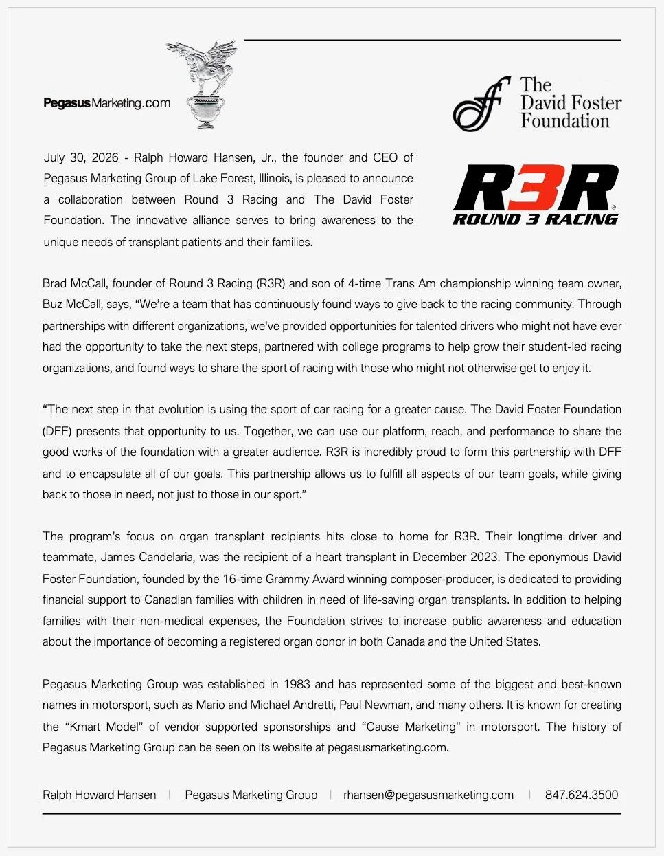 Round 3 Racing is excited to announcement our collaboration with @davidfosterfoundation . In association with @pegasusralph , R3R is embarking on "Cause Marketing" campaign. 

The alignment is focused on the "Be a Donor-Save a Life&quo