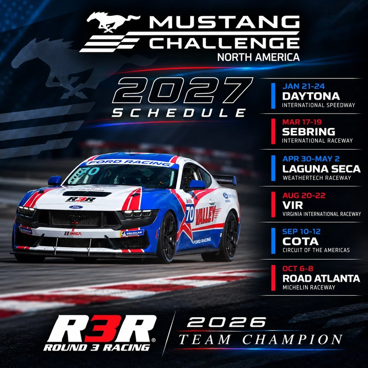 With the 2026 Mustang Challenge championship in the books, it's time to plan 2027. R3R has full season openings for funded drivers. Come race with the defending Team Champion for the epic 2027 season. Bring your own car or race in one of ours. Contac