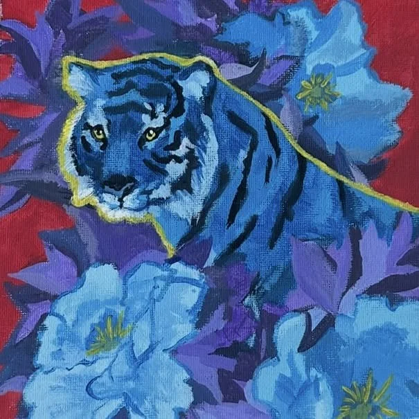 1/16/26 - saw a lot of tiger & camellia imagery + blue/purple/red while i was in China, so I was super moved to pull it all together. i don't usually draw animals, so i'm proud of how this turned out! 