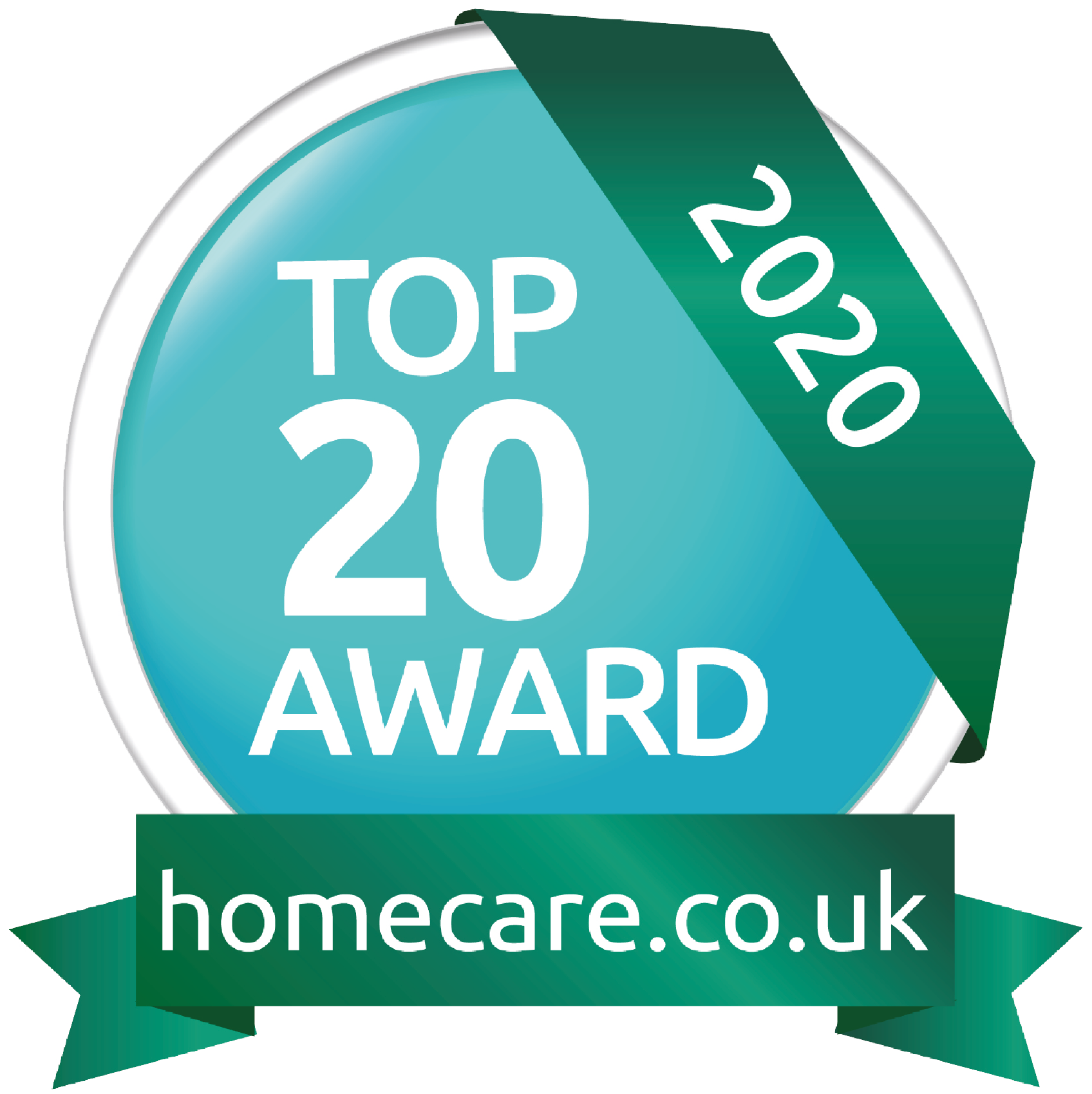 Award badge with blue circular center and green ribbon, reading "Top 20 2020 Award" and "homecare.co.uk".
