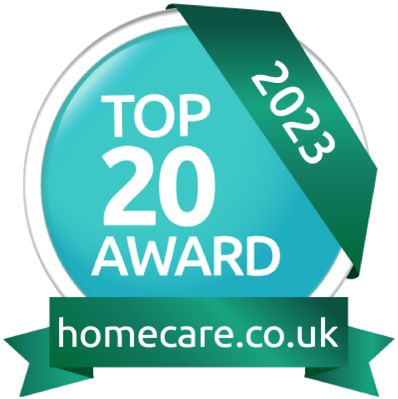 A badge with the text 'Top 20 Award 2023' and the website homecare.co.uk, featuring teal and dark green colors.