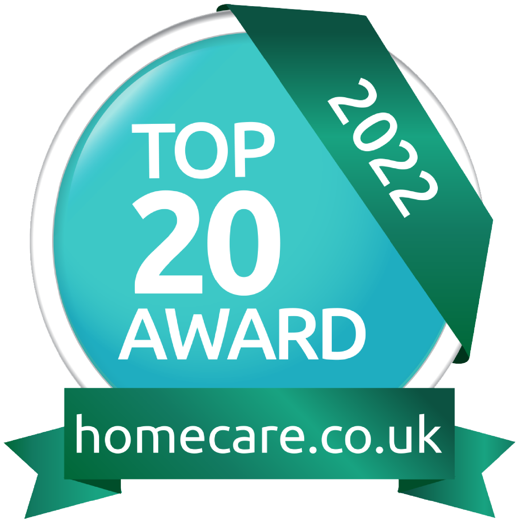 A blue and green badge showing the text 'Top 20 2022 Award' and the website 'homecare.co.uk' for a 2022 home care service recognition.