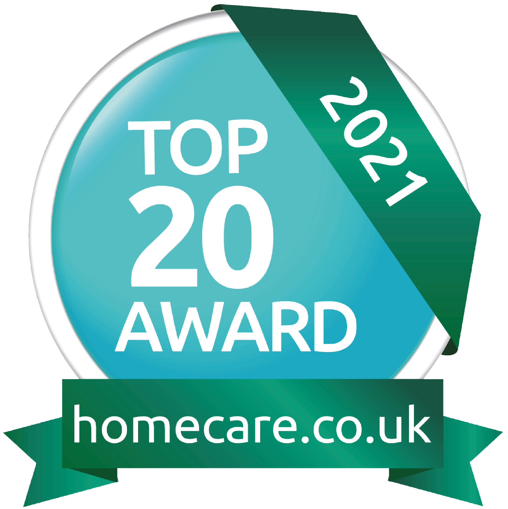 Badge for Homecare.co.uk highlighting the top 20 homecare providers in 2021.