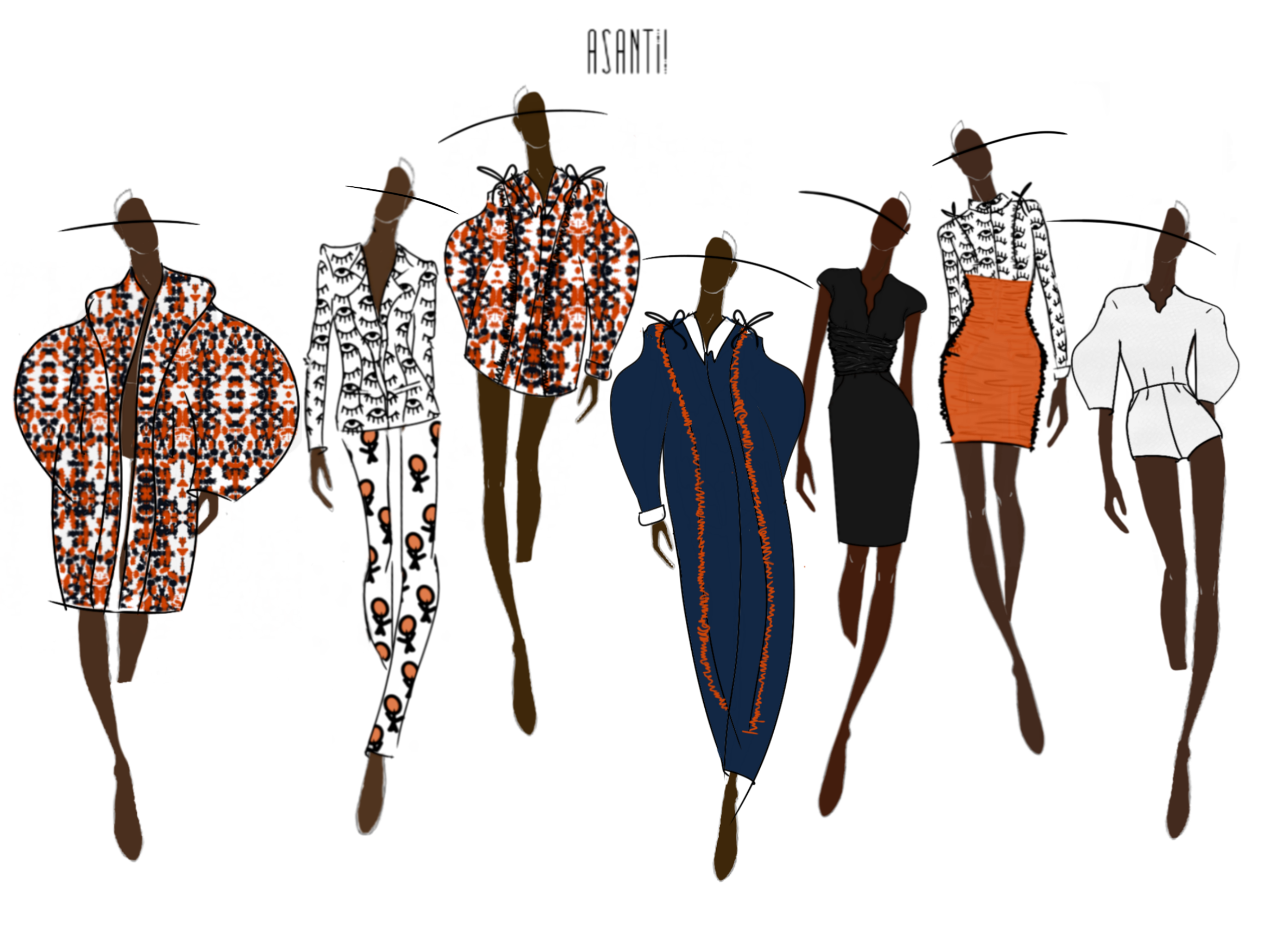 Collection design board for the Asantii fashion brand, made by Chloe Asaam | 7 sketched looks
