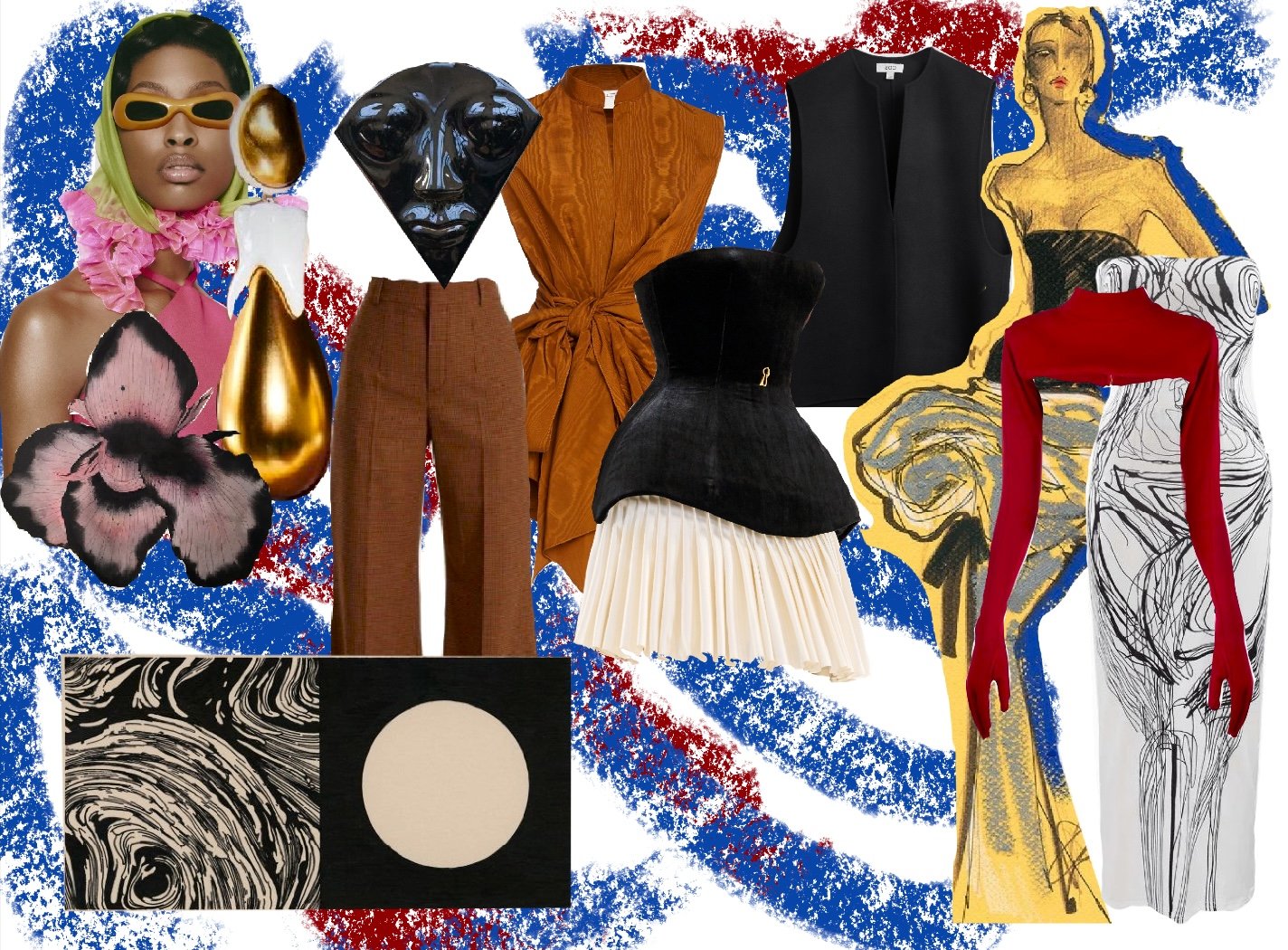 Mood board for the Planet Renaissance fashion brand, made by Chloe Asaam | Selection of fashion illustrations, clothes pictures, abstract designs, objects