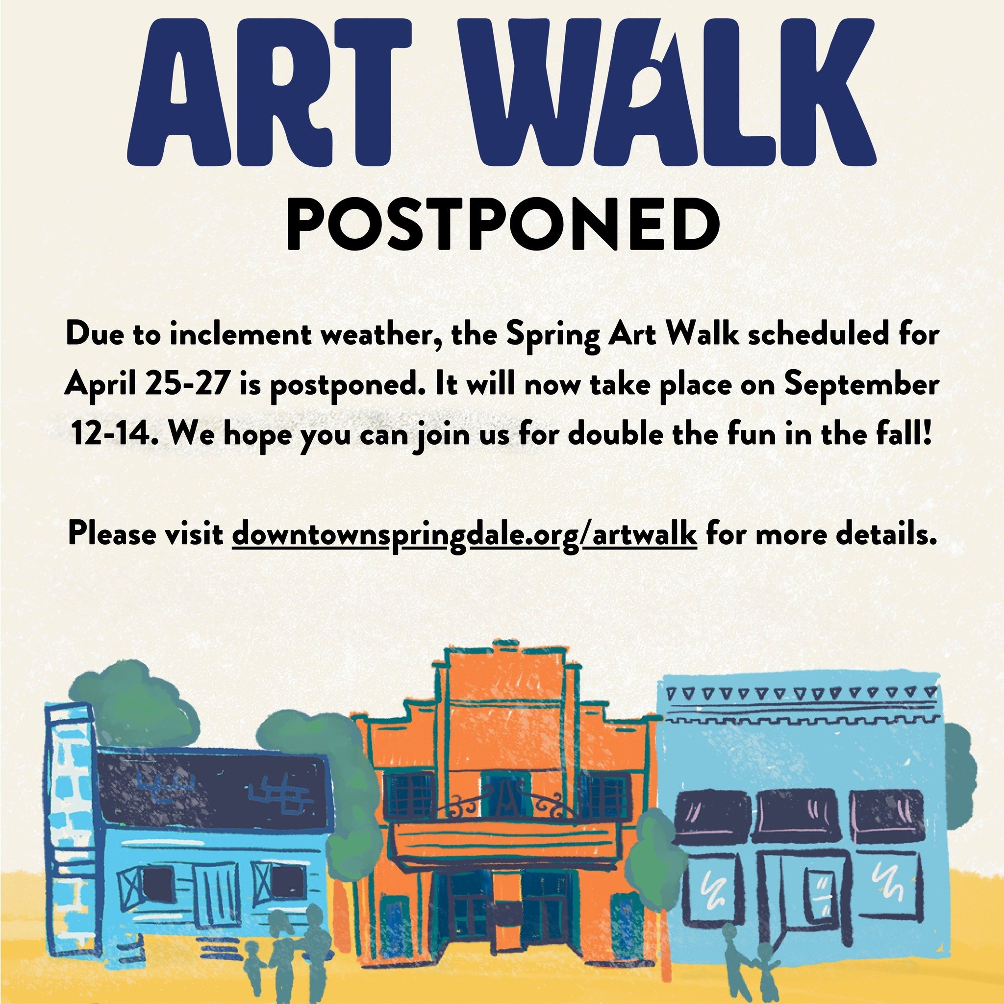 Due to a forecast that's painting raindrops instead of sun, we're postponing Art Walk to September 12-14. Mark your calendars for an even brighter, art-filled weekend ahead! Visit downtownspringdale.org/artwalk for more details.

 #artwalk #downtowns