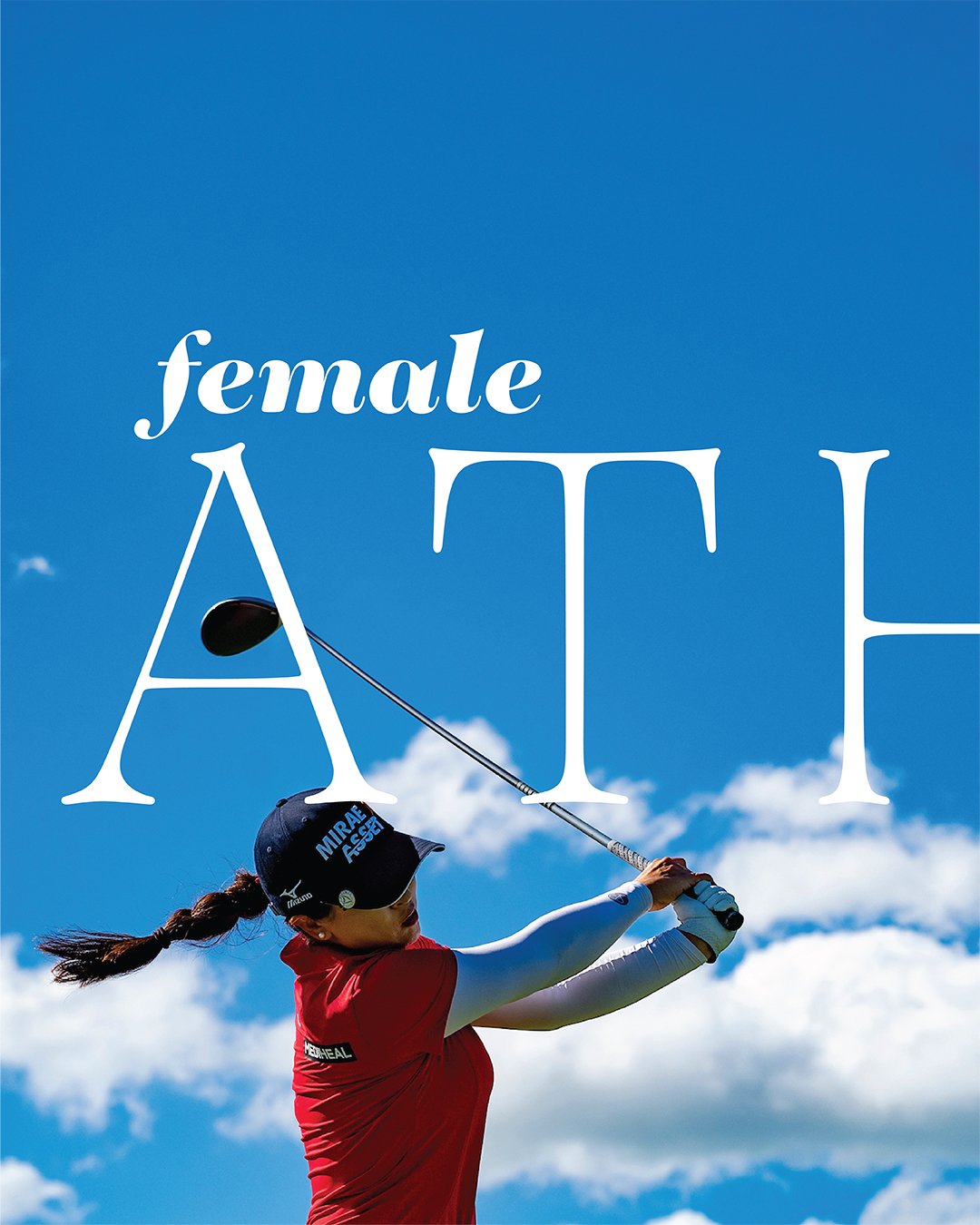  Banner design with three female golf athletes with text “female athletes.” 
