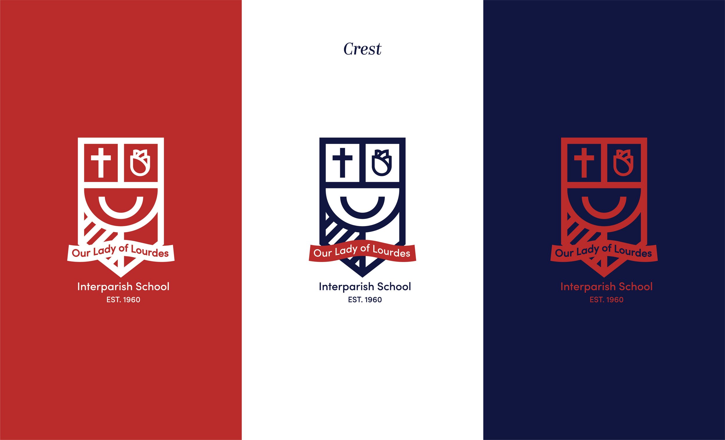  Catholic school crest rebrand in three different color combinations of red, navy, and white. 