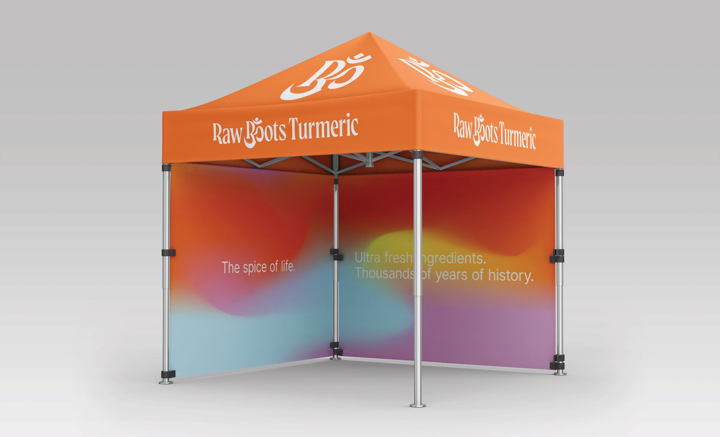  Raw Roots Turmeric tent mock-up using farm’s logo and color palate. 