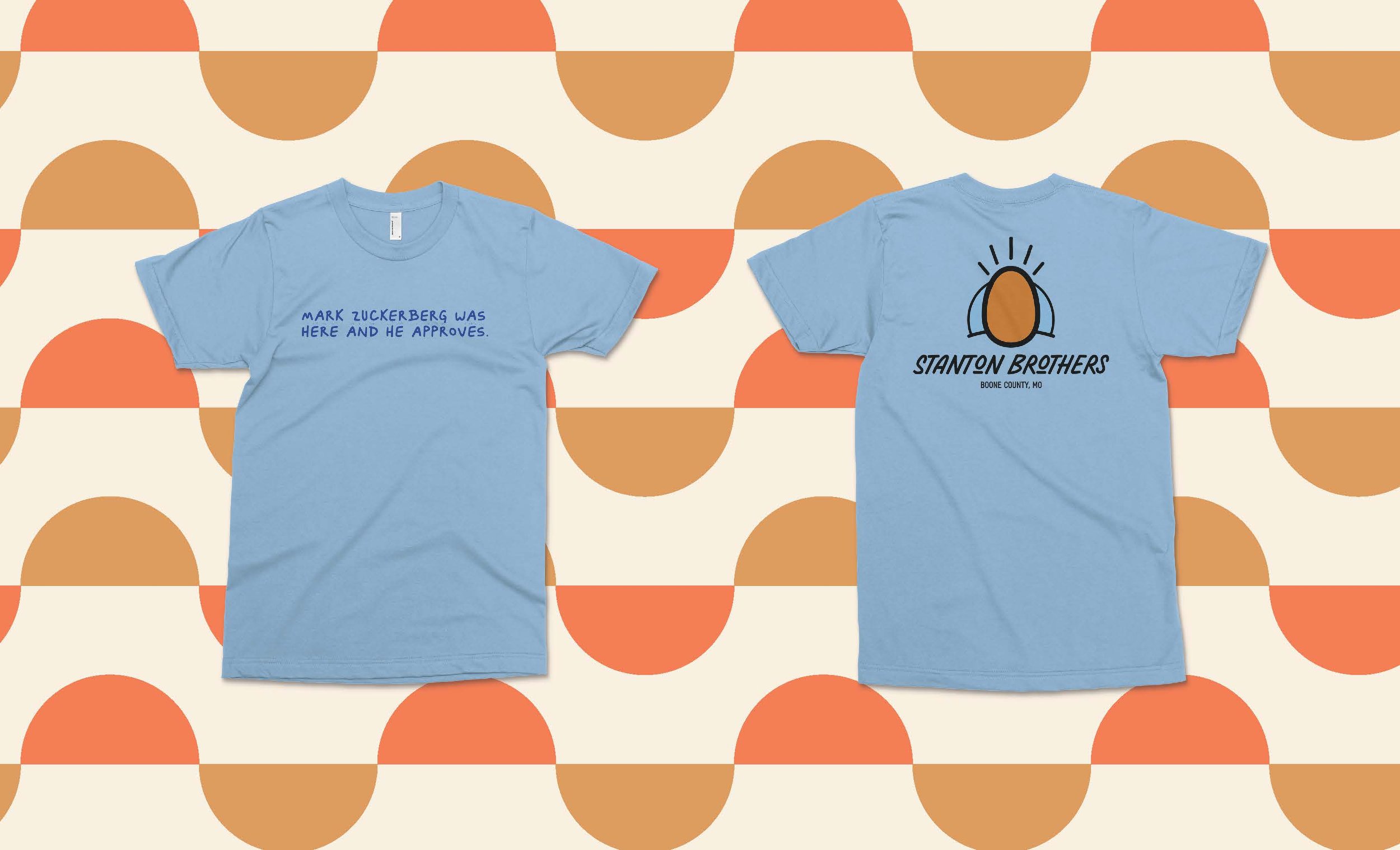  Stanton Brothers t-shirt mock-up. Blue t-shirt with Standton Brothers egg logo. 