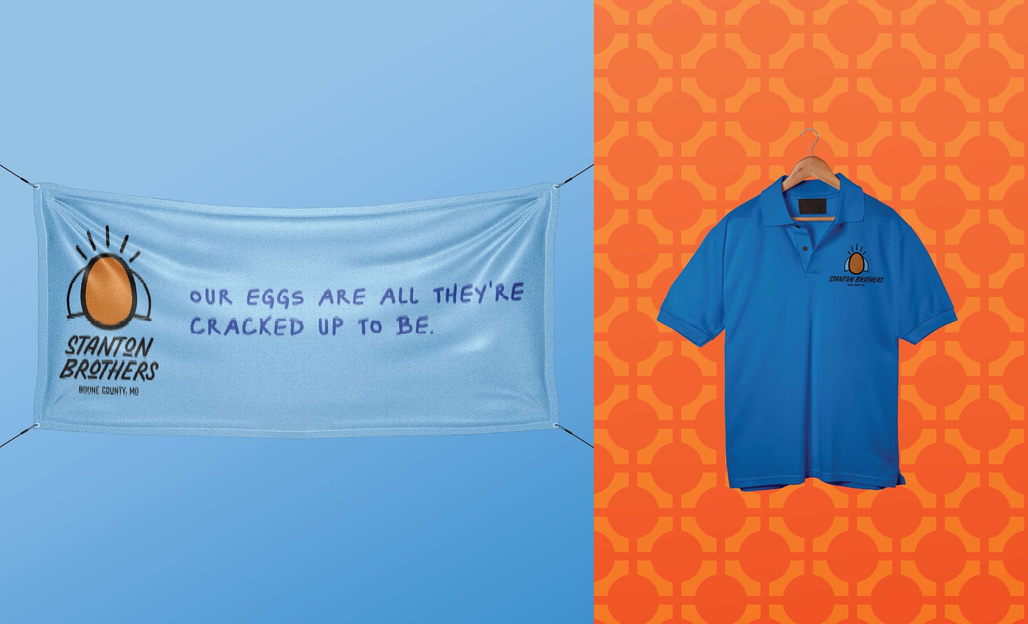  Stanton Brothers banner advertising mock-up with egg logo on a light blue background next to branded polo t-shirt. 
