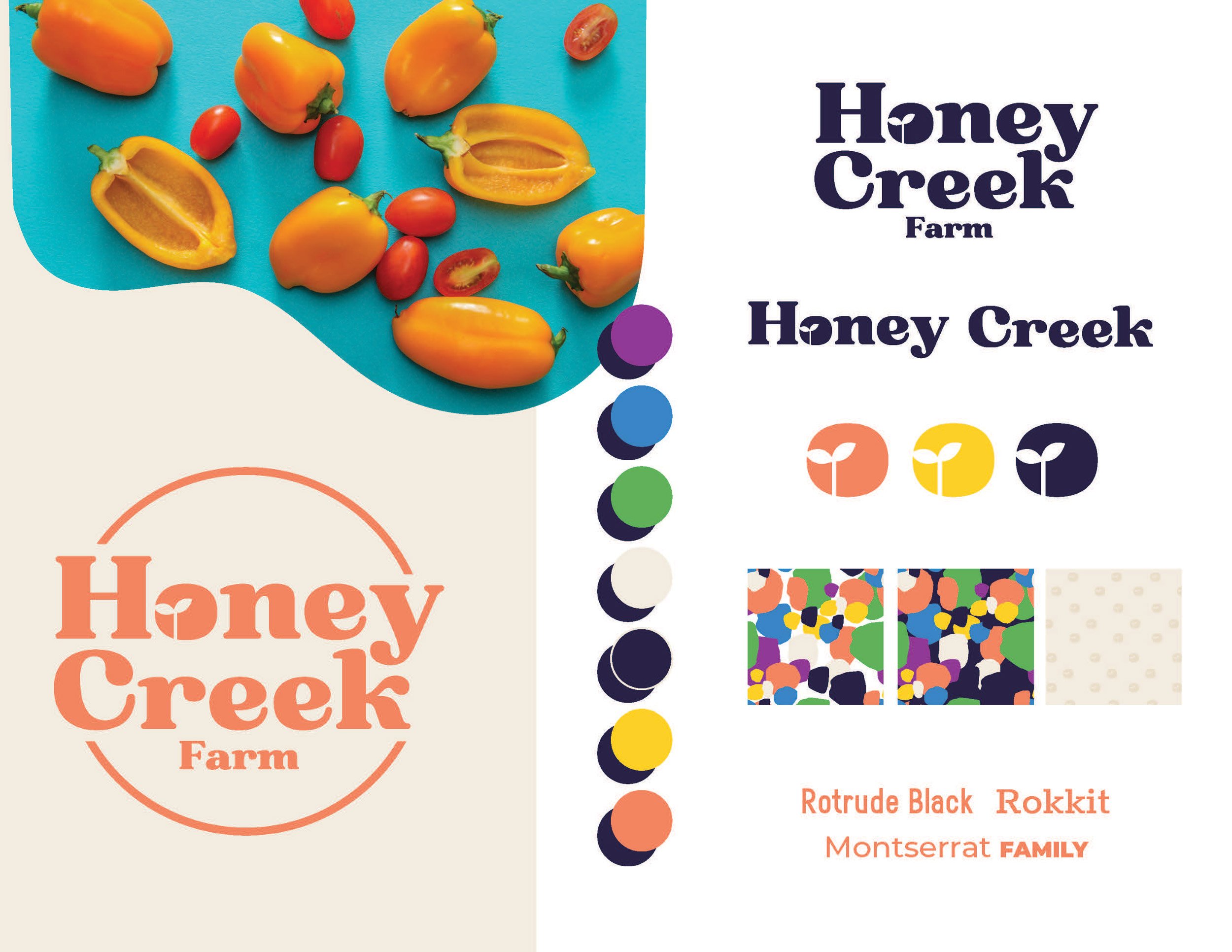 Honey Creek Farm logo and logotype mock-ups with the new color palette and colorful patterns of vegetables. 