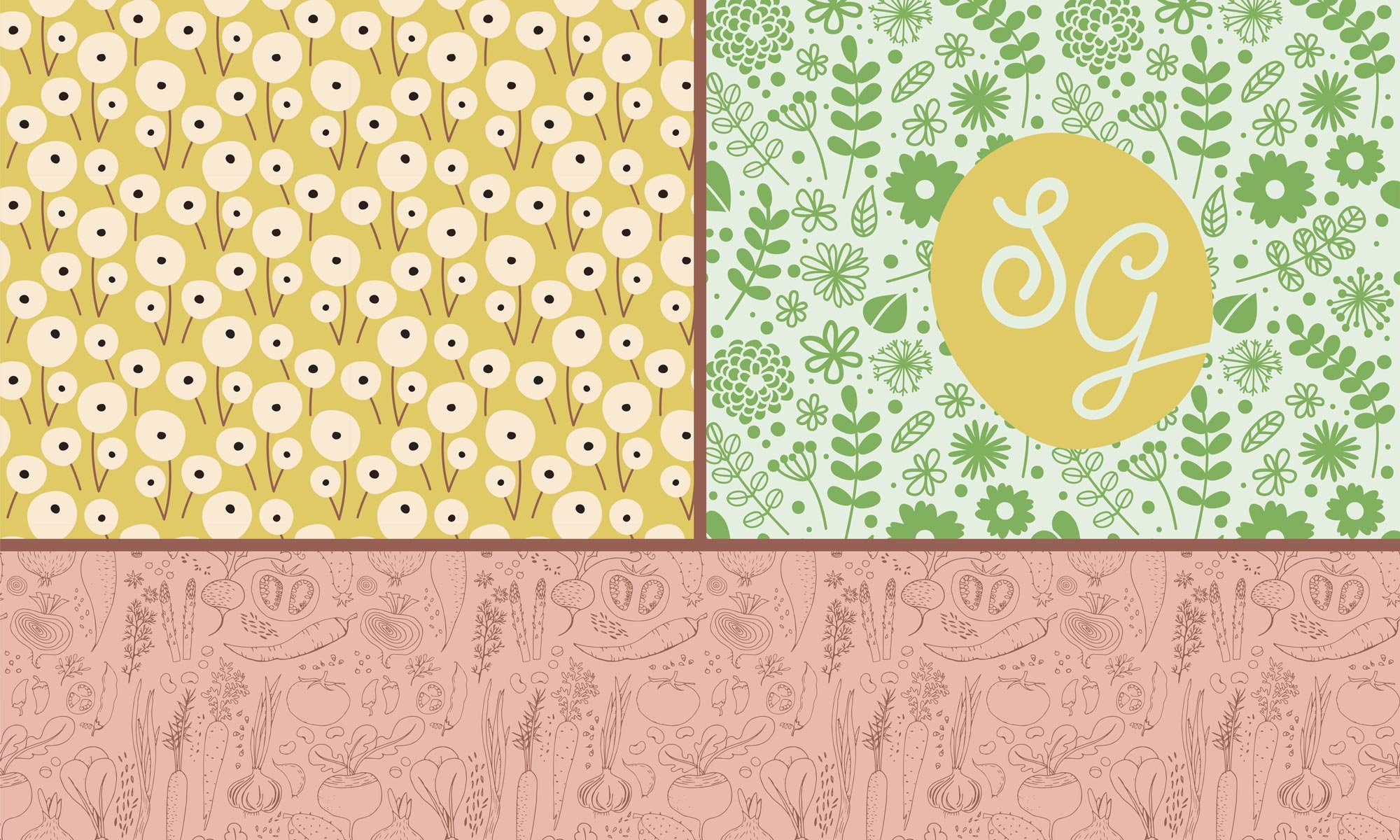  The Sage Garden branded patterns. Circles with blue dots on yellow background, dark green leaves and vegetation on light green background, and various vegetables on a pink background. 