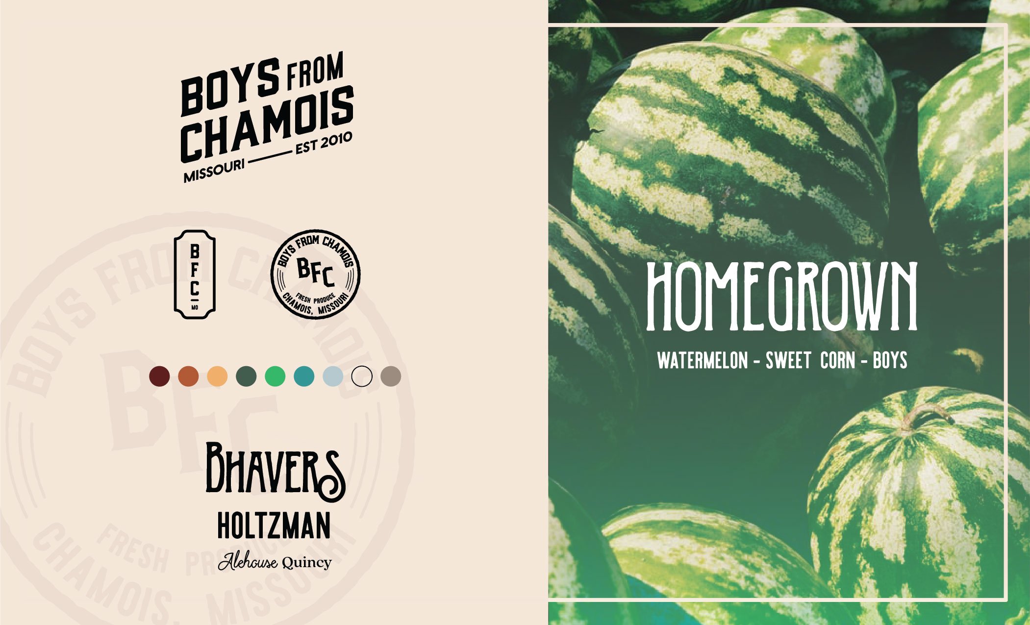  Boys From Chamois logo, logotype, color palette, and font family. 