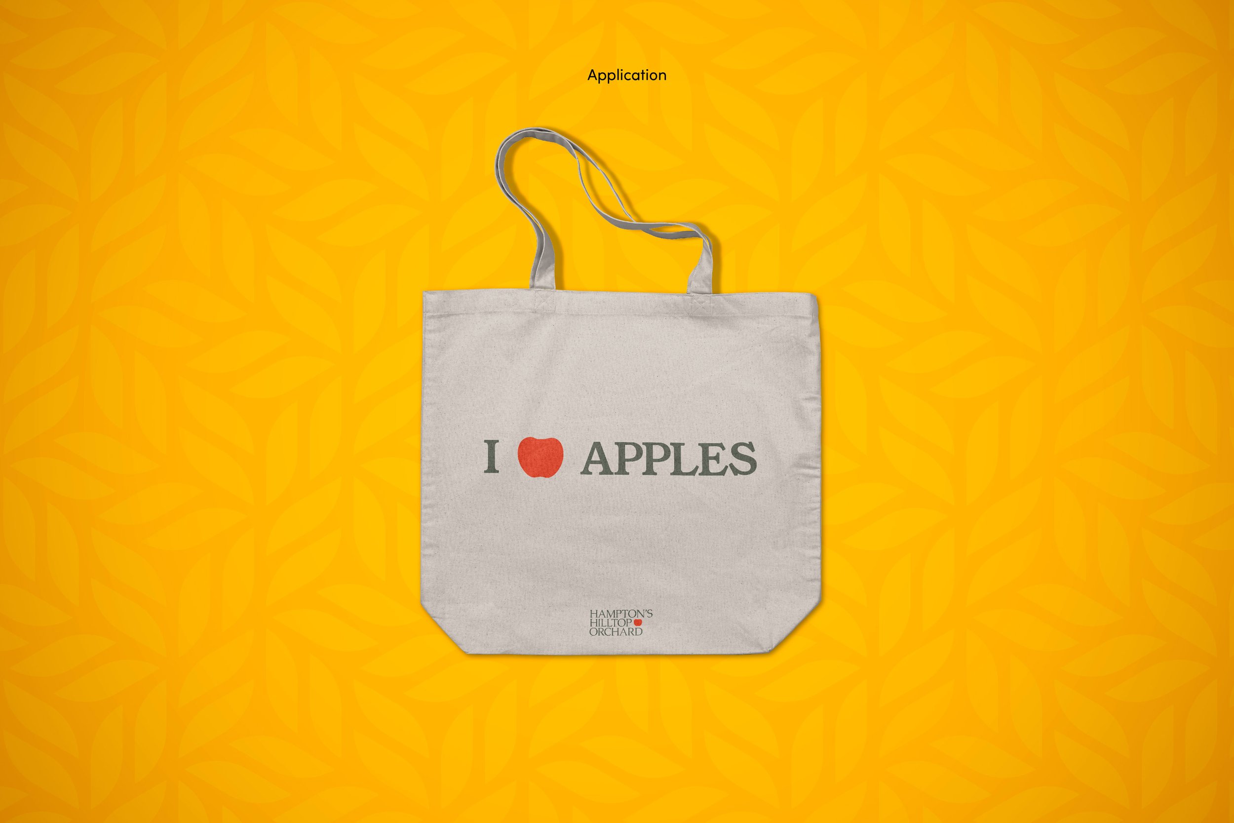  Tote bag mock-up for farmers market vendor that reads “I [heart] apples” where the heart is Hampton’s Hilltop Orchard logo. 