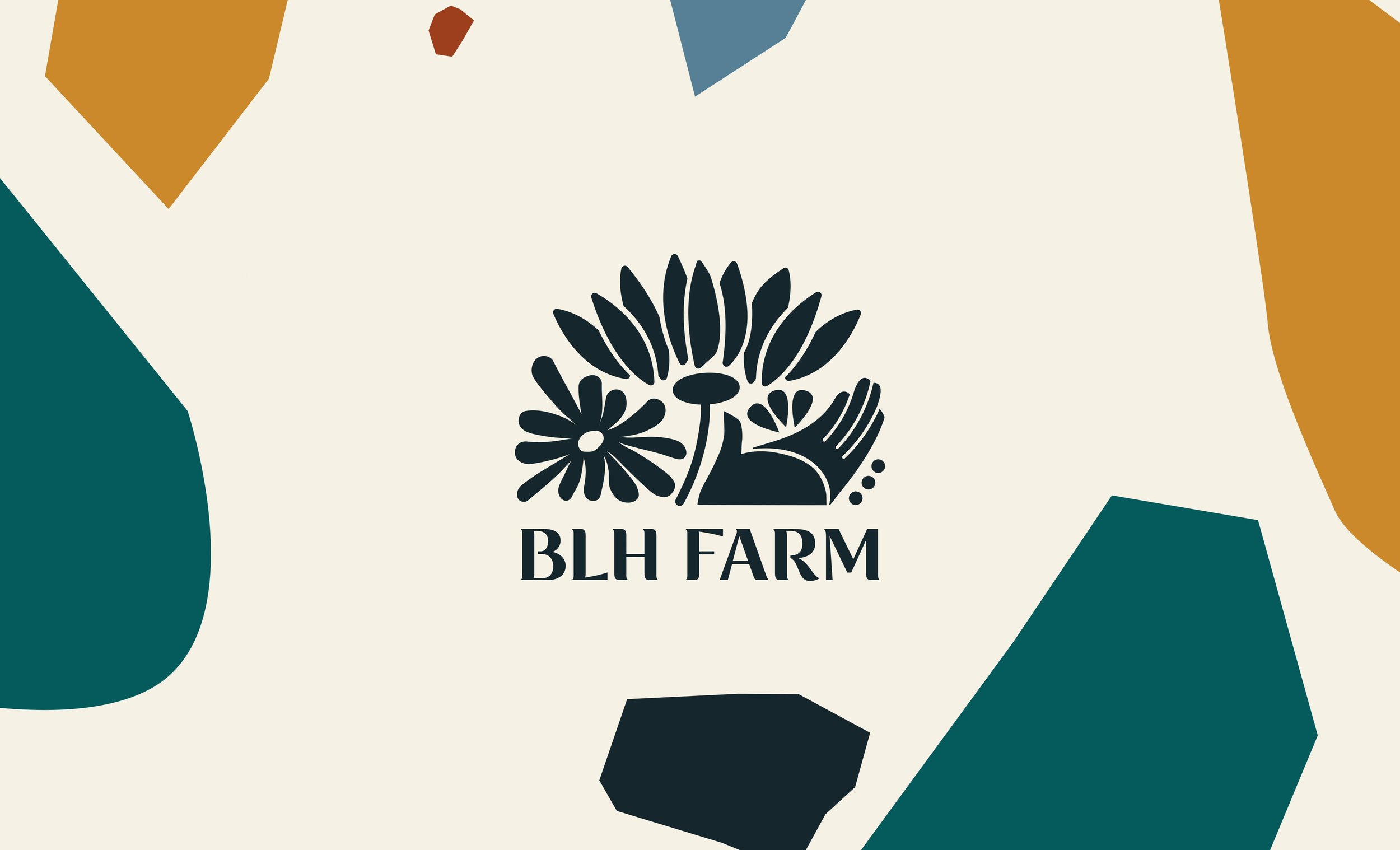  BLH farm logo with blocks of blue and orange color on border of image. 