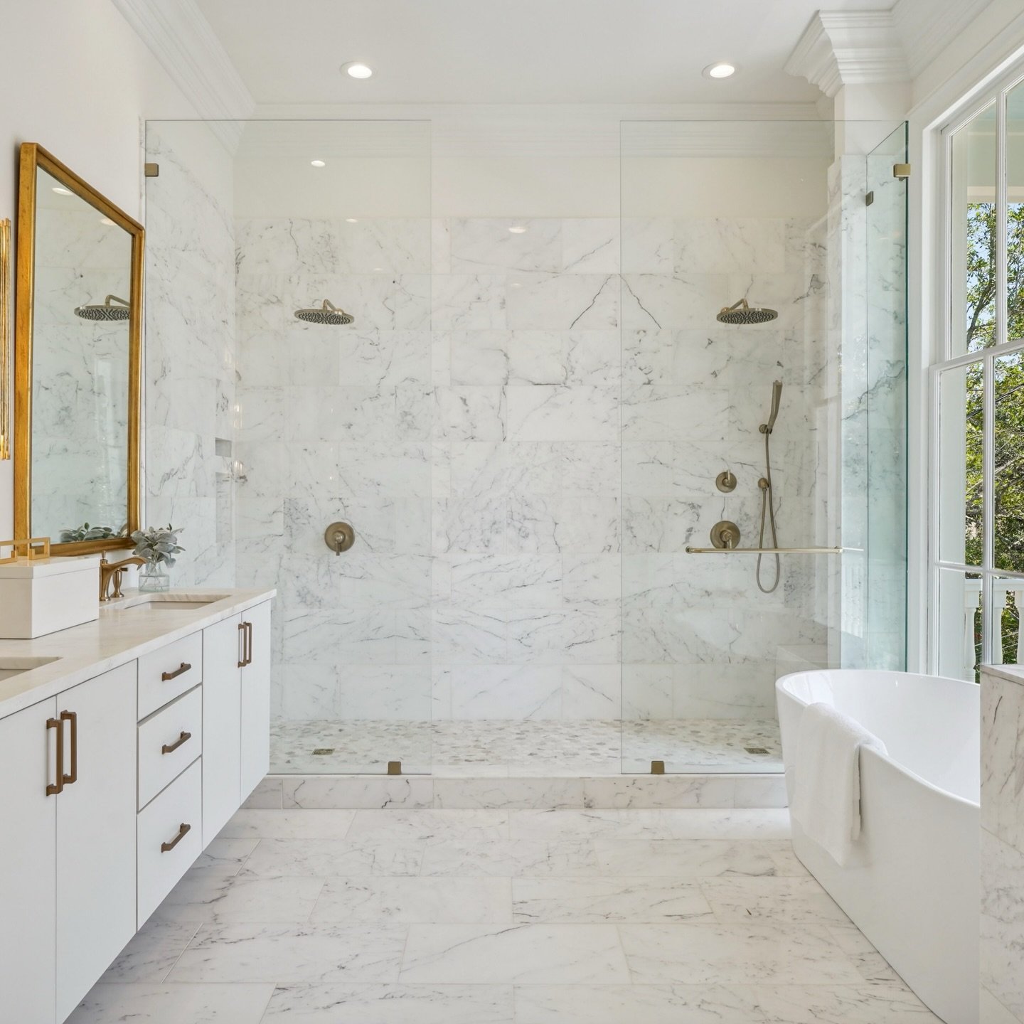Where marble meets morning light. 🤍 Designed to feel like a five-star retreat, every single day. 
#PrimaryBath #LuxuryLiving #InteriorDesign