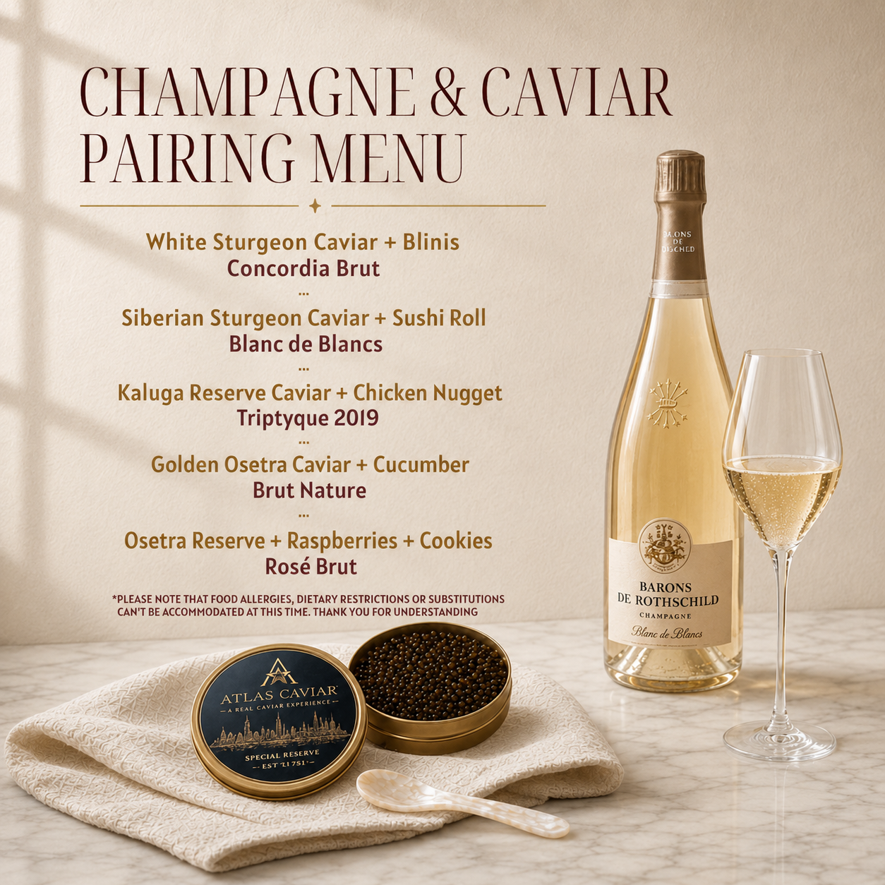 Joyce Lin, DipWEST, CMS Certified Sommleier, leds a Champagne and Caviar Tasting: "WHERE CHAMPAGNE MEETS CAVIAR"  5 distinctive cuvées from Champagne Barons de Rothschild paired with 5 premium caviars from Atlas Caviar.