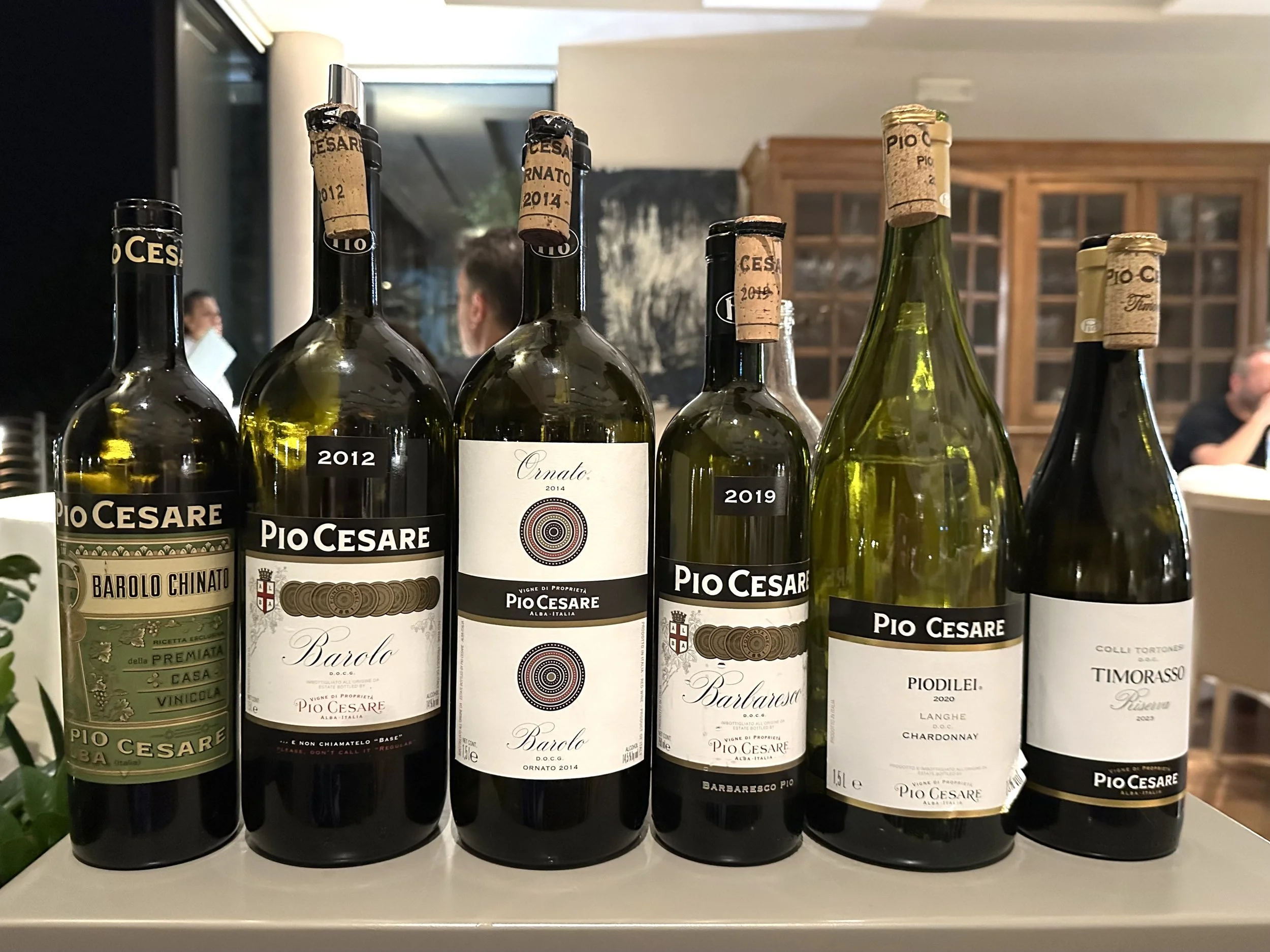 A selection of Pio Cesare's Barolo, Barbaresco, Timorasso, Piodilei and Barolo Chinato were tasted at La Ciau del Tornavento, one Michelin star restaurant in Treiso, Piemont, Italy