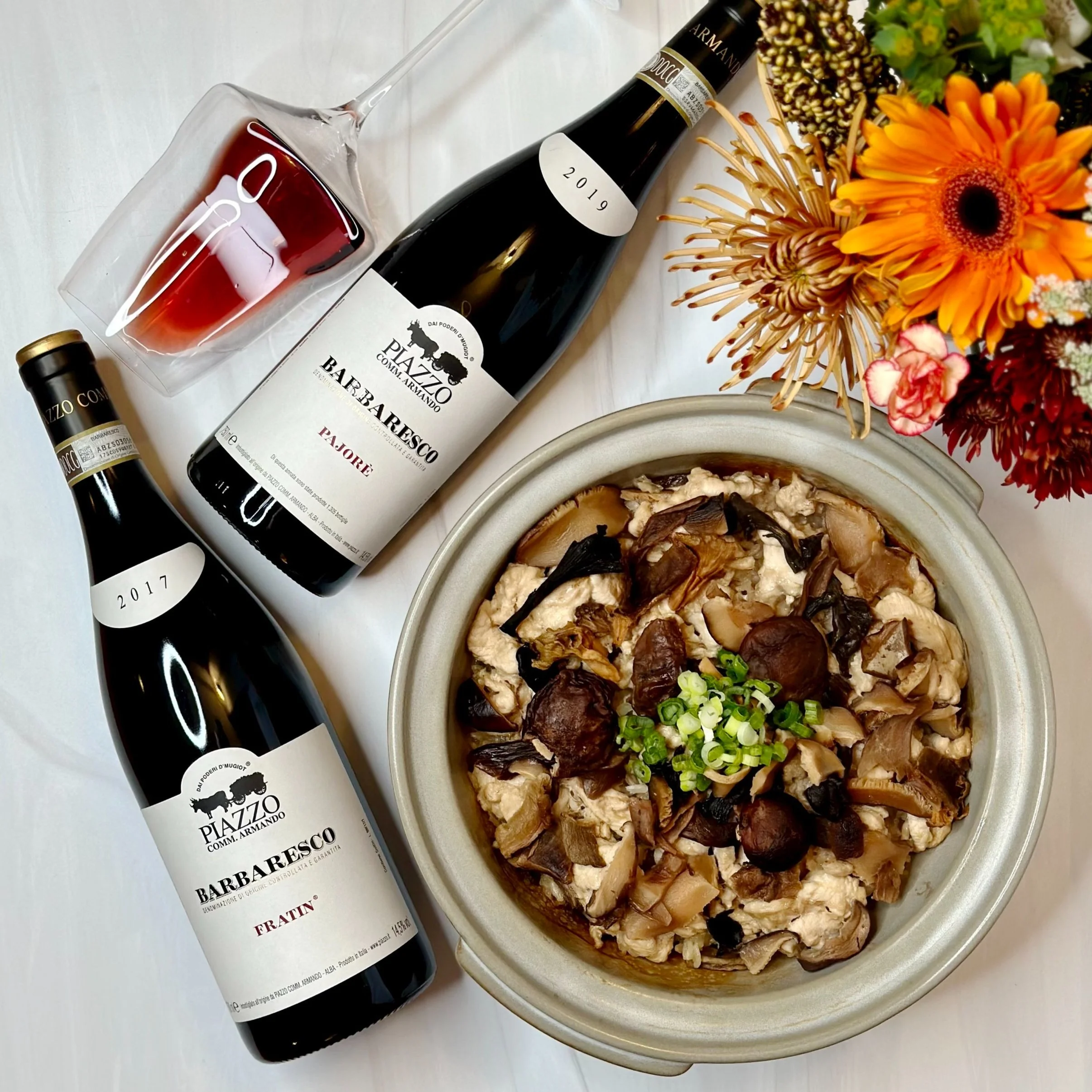 Piazzo Fratin Barbaresco and Piazzo Pajorè Barbaresco pair with Chicken and Dried Mushroom Clay Pot Rice 北菇滑雞煲仔飯