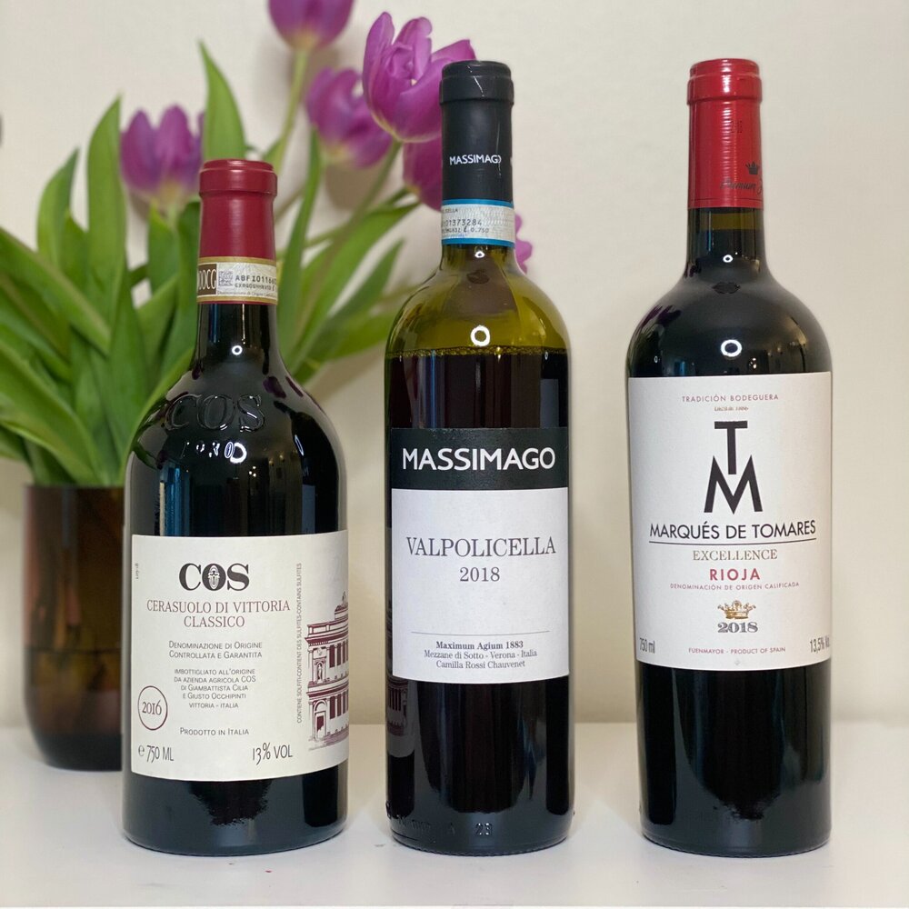  COS, Cerasuolo di Vittoria Classico DOCG, Sicily  Massimago, Valpolicella DOC  Marqués de Tomares, “Excellence” Rioja 