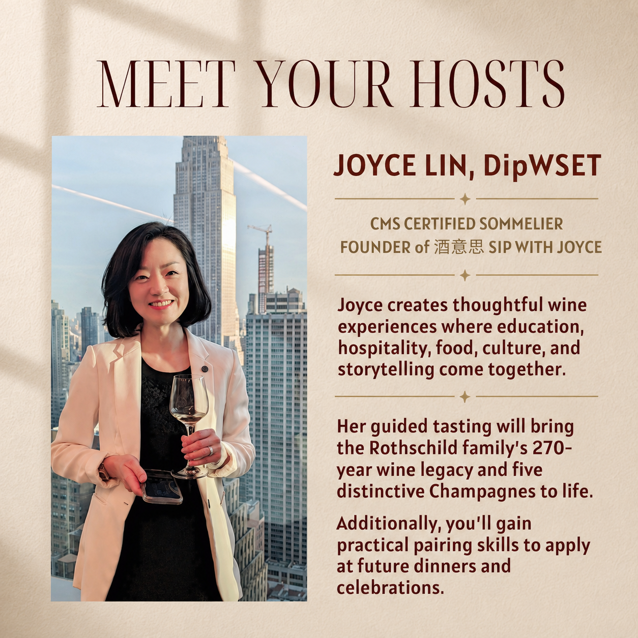 Joyce Lin, DipWEST, CMS Certified Sommleier, leds a Champagne and Caviar Tasting: "WHERE CHAMPAGNE MEETS CAVIAR"  5 distinctive cuvées from Champagne Barons de Rothschild paired with 5 premium caviars from Atlas Caviar.