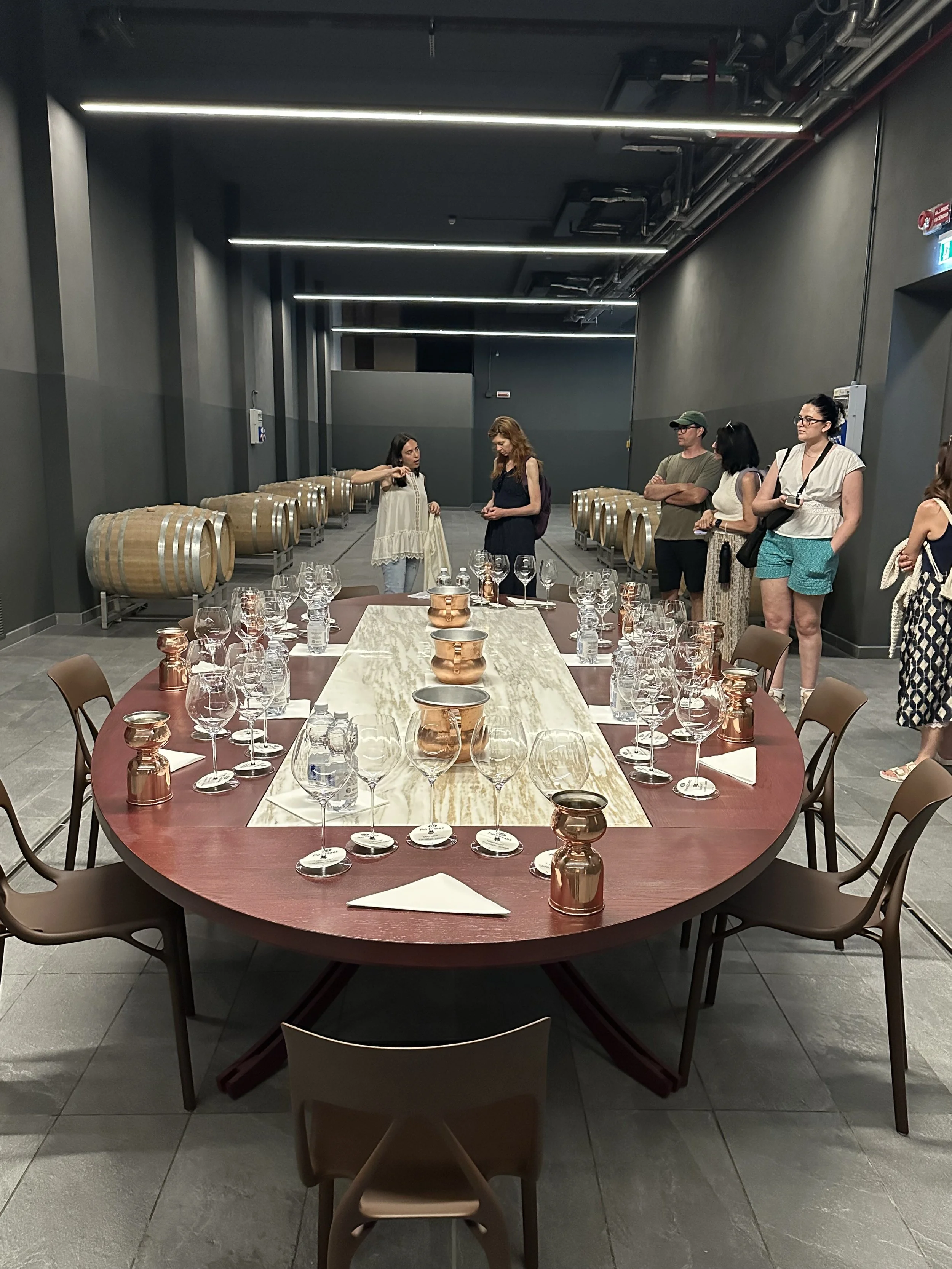 Federica Boffa Pio host a white wine tasting in the newly built cellar cross the historical cellar in Alba, Piemonte, Italy