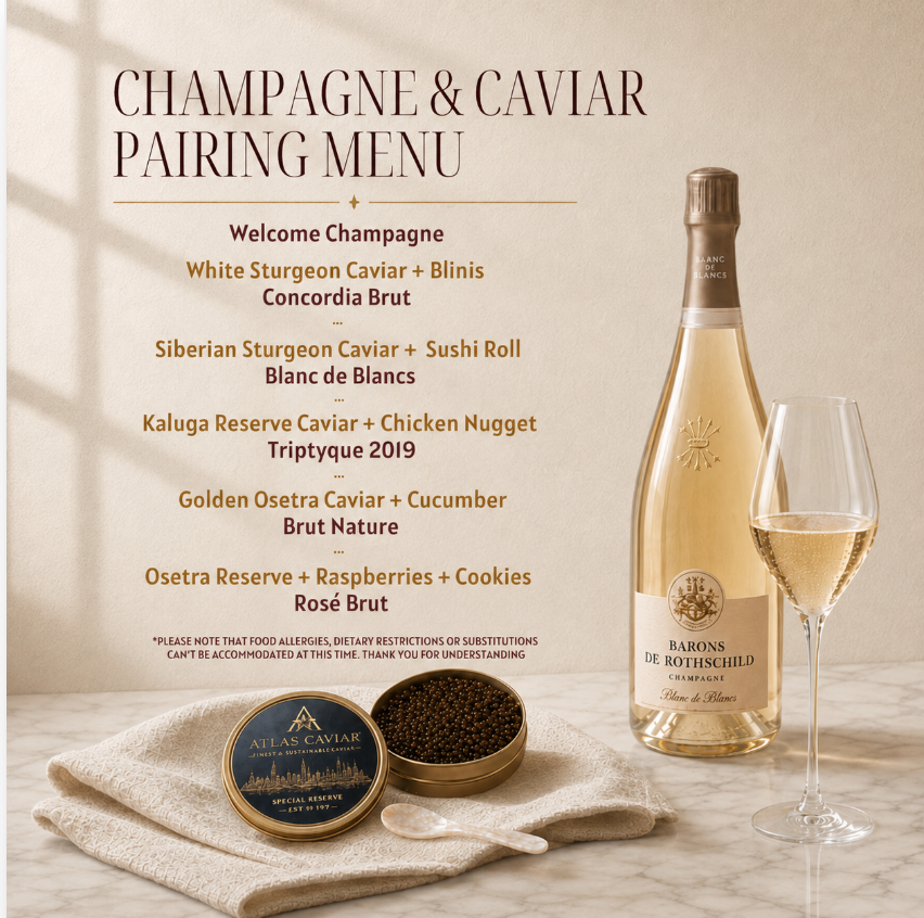 Joyce Lin, DipWEST, CMS Certified Sommleier, leds a Champagne and Caviar Tasting: "WHERE CHAMPAGNE MEETS CAVIAR"  5 distinctive cuvées from Champagne Barons de Rothschild paired with 5 premium caviars from Atlas Caviar.
