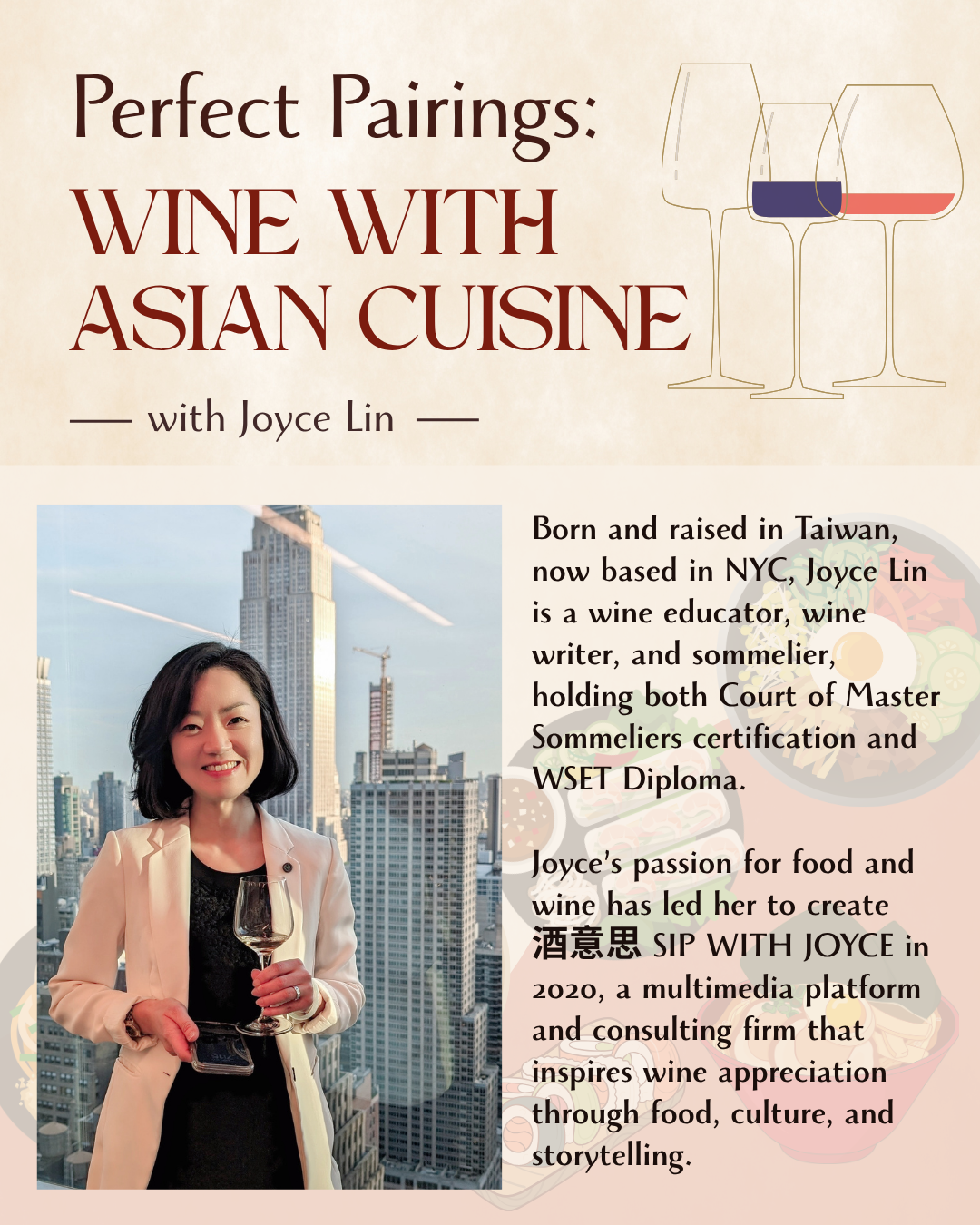Promotional poster for a program titled "Perfect Pairings: Wine with Asian Cuisine" hosted by Joyce Lin, a certified sommelier with the Court of Master Sommeliers and a DipWSET, wine educator, wine writer and food and wine pairing expert.