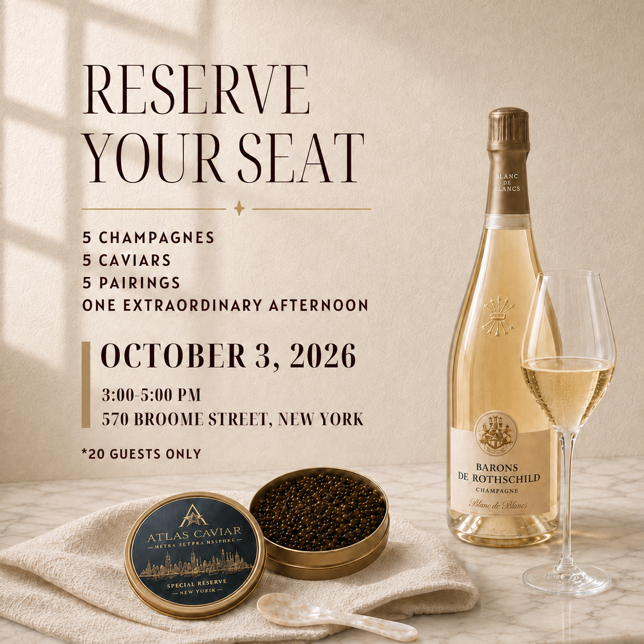 Joyce Lin, DipWEST, CMS Certified Sommleier, leds a Champagne and Caviar Tasting: "WHERE CHAMPAGNE MEETS CAVIAR"  5 distinctive cuvées from Champagne Barons de Rothschild paired with 5 premium caviars from Atlas Caviar.