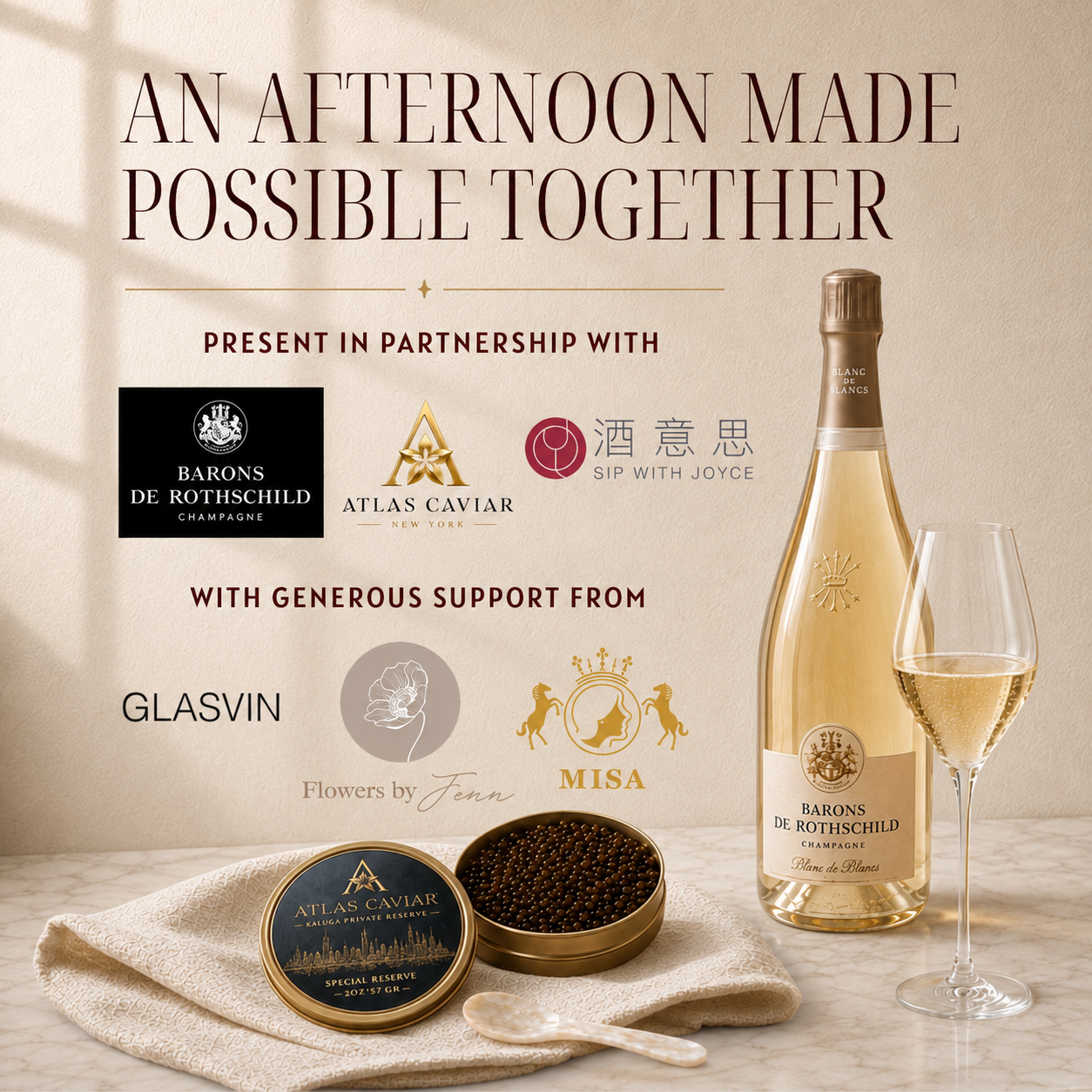 Joyce Lin, DipWEST, CMS Certified Sommleier, leds a Champagne and Caviar Tasting: "WHERE CHAMPAGNE MEETS CAVIAR"  5 distinctive cuvées from Champagne Barons de Rothschild paired with 5 premium caviars from Atlas Caviar.