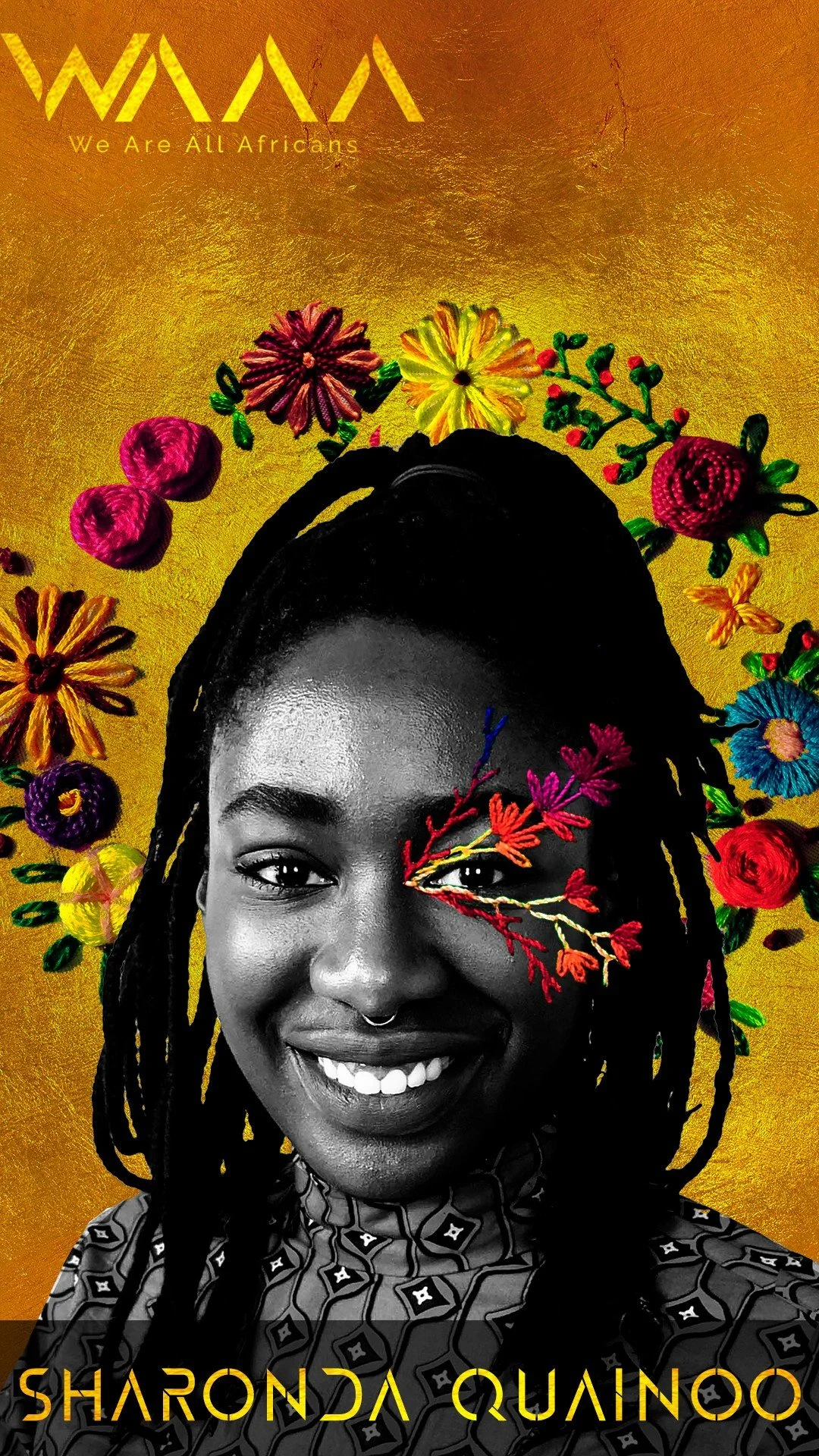 A black-and-white portrait of a smiling woman with a flower branch superimposed over her face's right side, set against a textured gold background with embroidery flowers and the text 'We Are All Africans' and 'Sharonda Quainoo'.