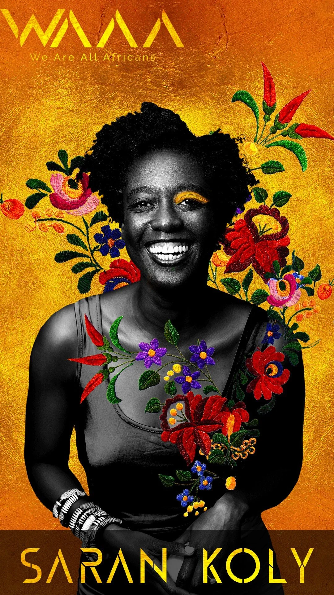 A woman with short curly hair smiling, with a bright yellow background and colorful embroidered floral designs. The top of the image reads 'WAWA We Are All Africans,' and the bottom displays the name 'Saran Koly.'