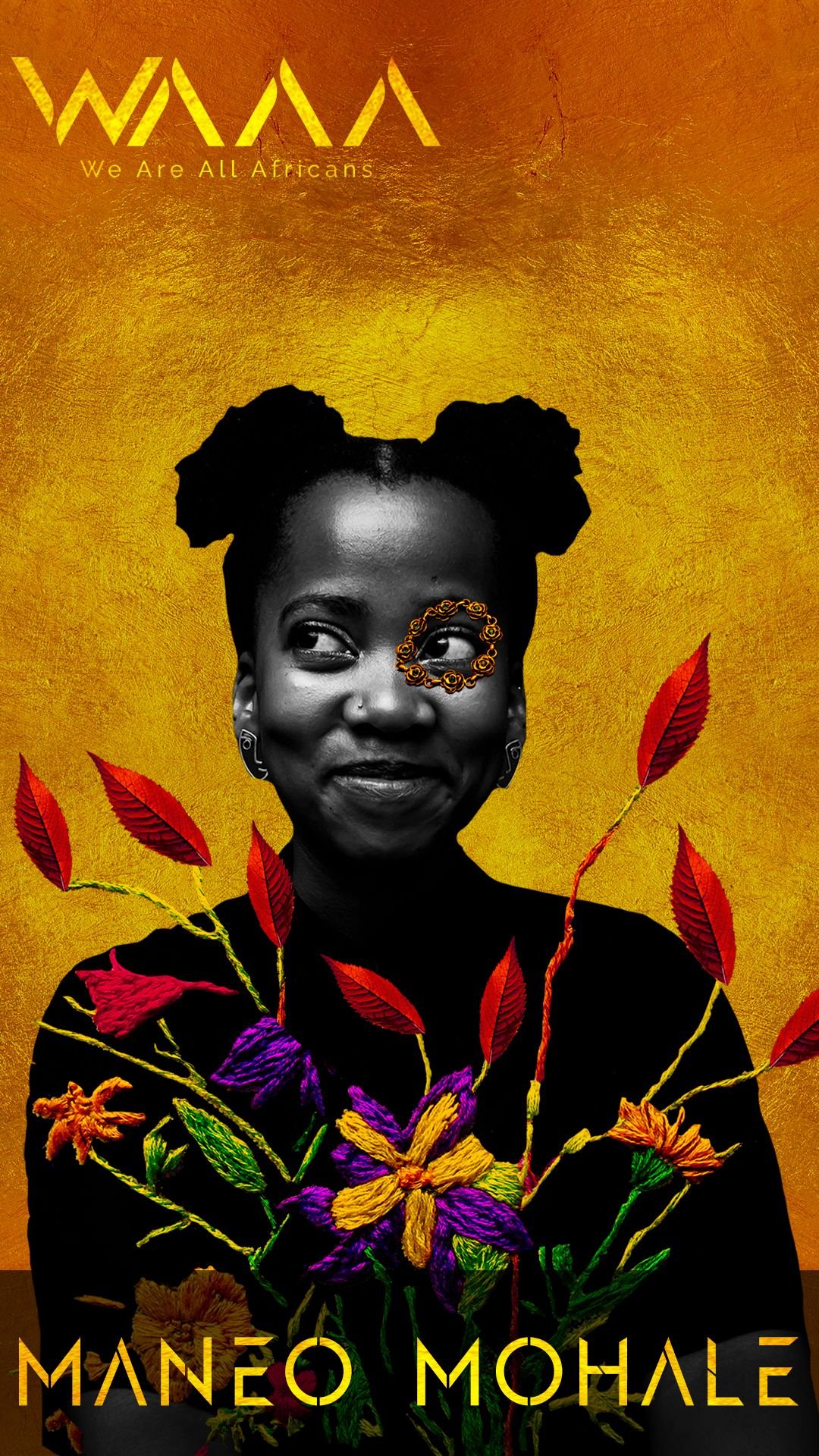Book cover titled 'We Are All Africans' featuring a black and white portrait of a woman with styled hair, colorful embroidered flowers, and red leaves, with the author's name Manéo Mohale.