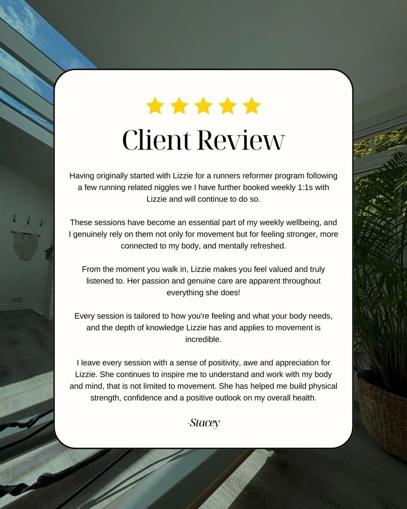 1:1 client review 🙏🏼

I am always very grateful for the reviews I receive and the feedback I get from my clients each week. I am passionate about what I do and love being able to support people to move better, stronger and towards their own unique 