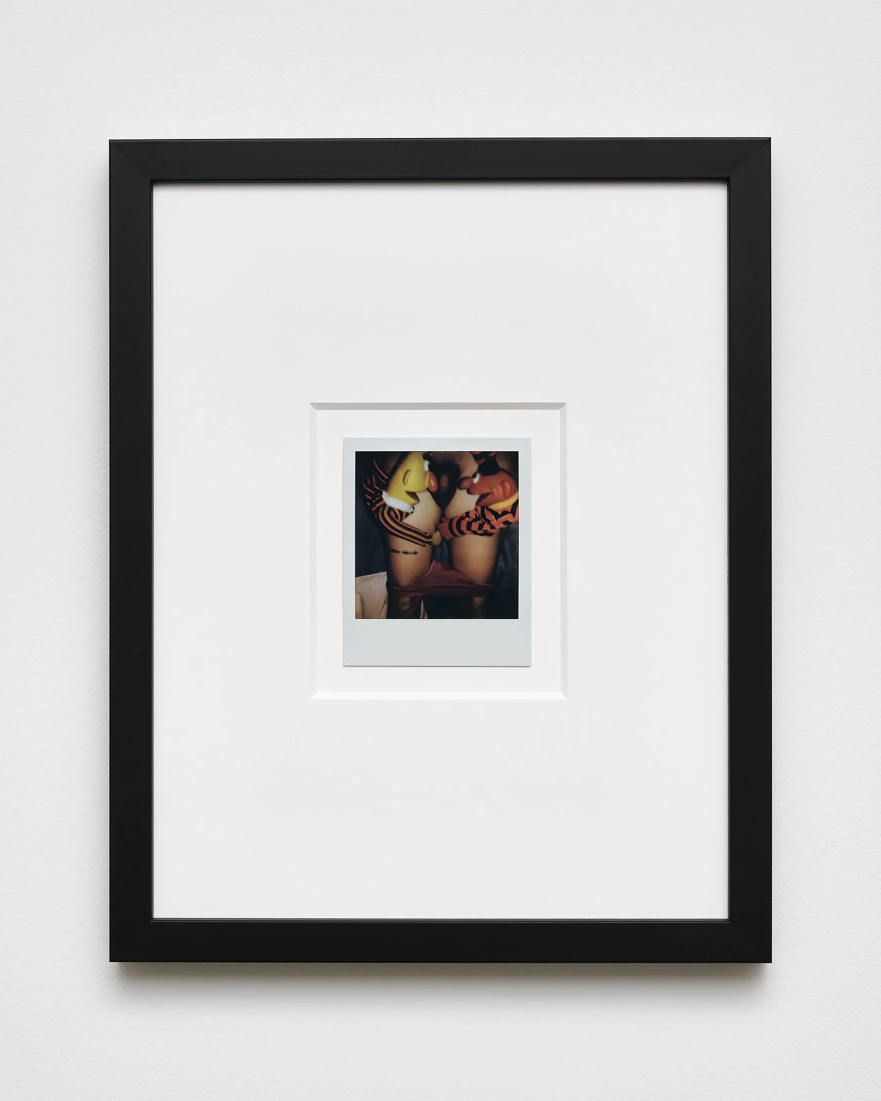 Framed photograph on a white wall showing a person taking a mirror selfie with a smartphone, wearing a tiger costume, with yellow and black tiger headgear and striped tiger body suit.